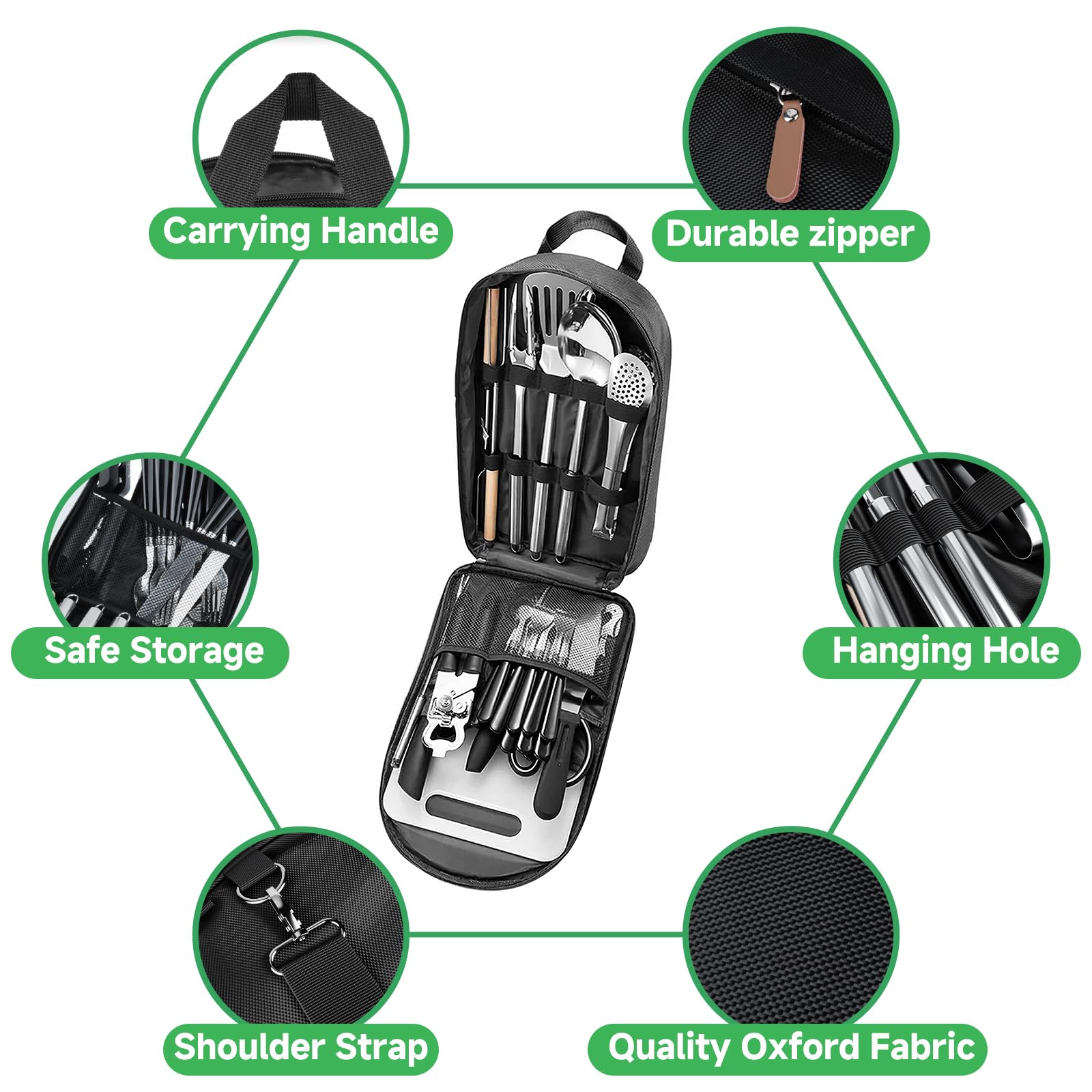 Accessori Cucina da Campeggio 27Pcs, Utensili da Cucina per il Campeggio con Borsa Portaoggetti, Gadget Outdoor, Portatile Cucina da Campeggio Rv Set per viaggi, Picnic, Camper, Feste
