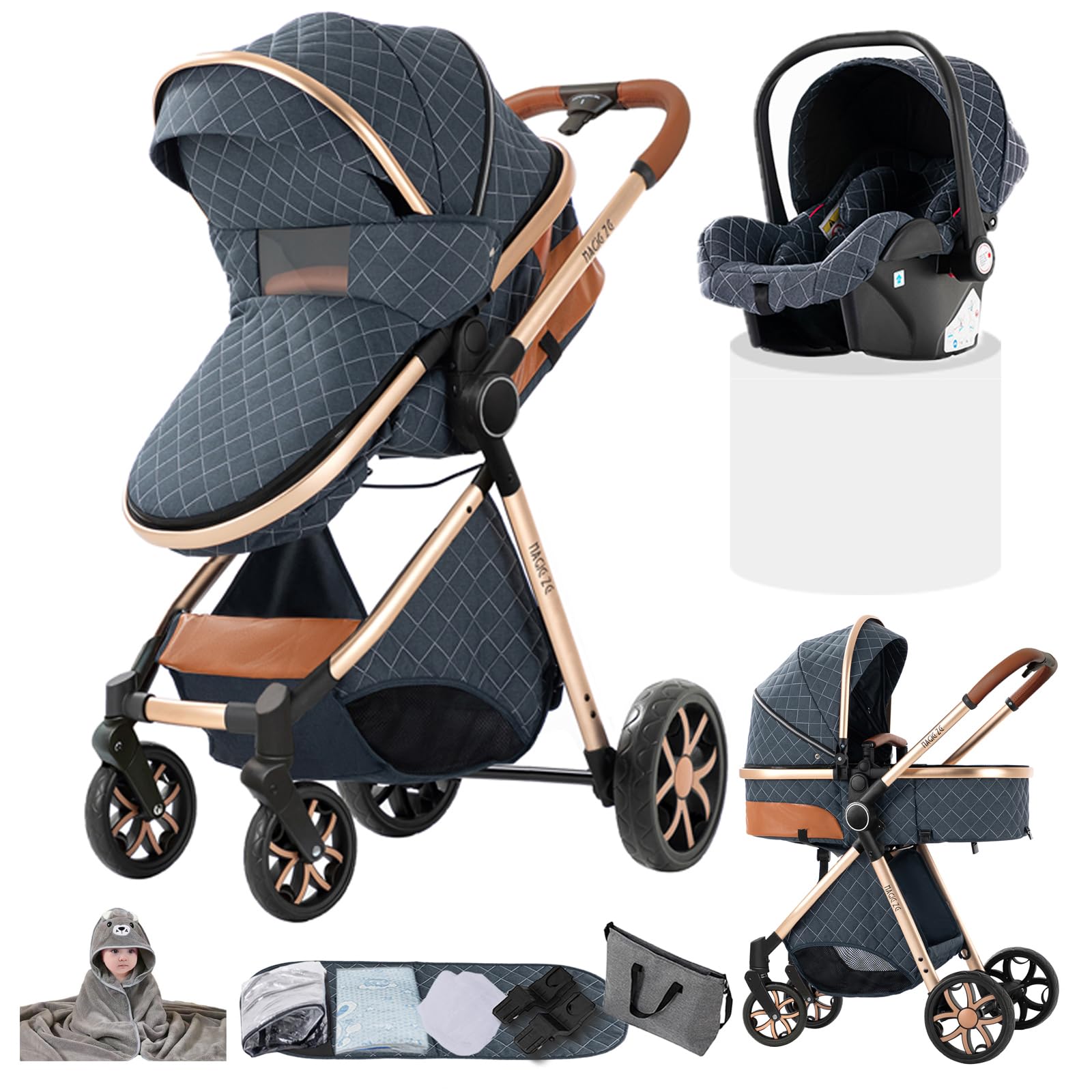 Carro Bebe 3 Piezas, Carrito Bebe 3 en 1 con Dos Modos de Empuje Reversibles, Cochecito Tres Piezas con Capazo Grande Cómodo, Carricoche Tres Pieza Alto Paisaje (YV9 Blue)