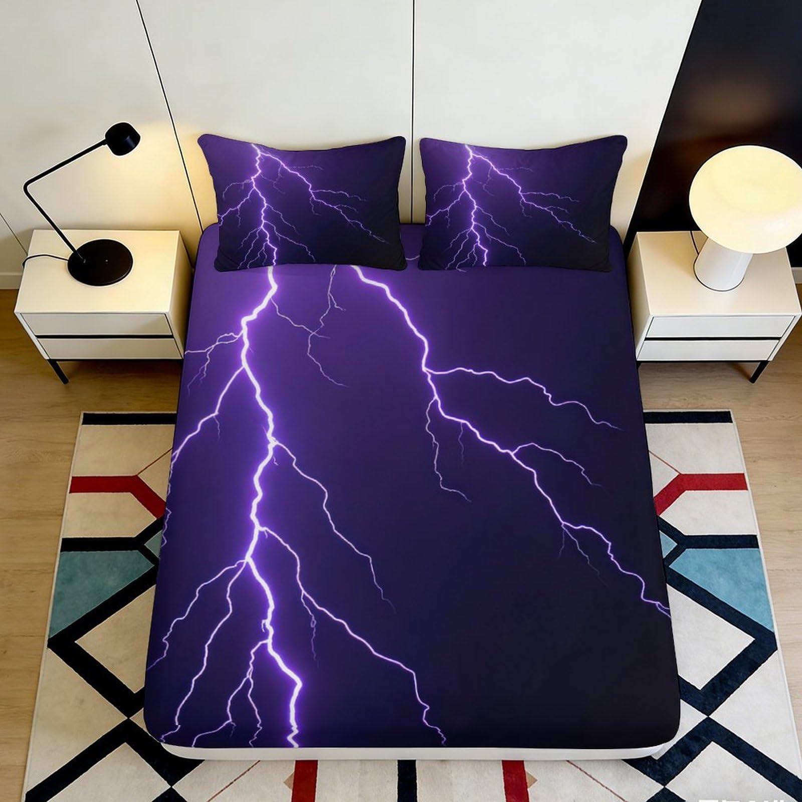 3D Printed Lightning Night Fitted Sheet Microfiber Soft Anti-Slip Thunder Pattern Mattress Cover for Bedroom Home Decor 90x200x25cm