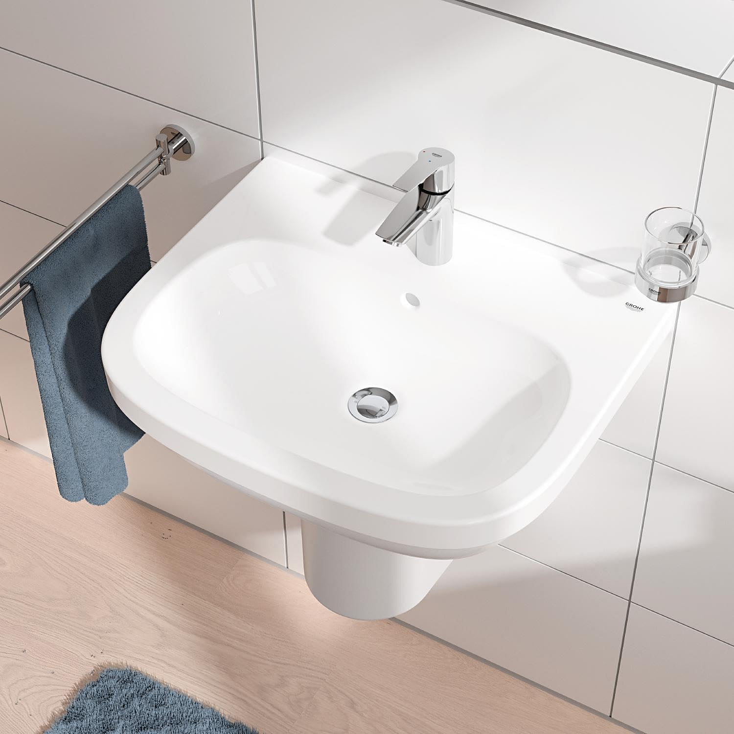 GROHE Start, energiesparende Waschtischarmatur, Kaltwasser in Mittelstellung (Wasserhahn für das Waschbecken im Bad, 17cm hoch, Badarmatur mit Pop-Up Ablauf, mit 3in1 Werkzeug), chrom, 23551002