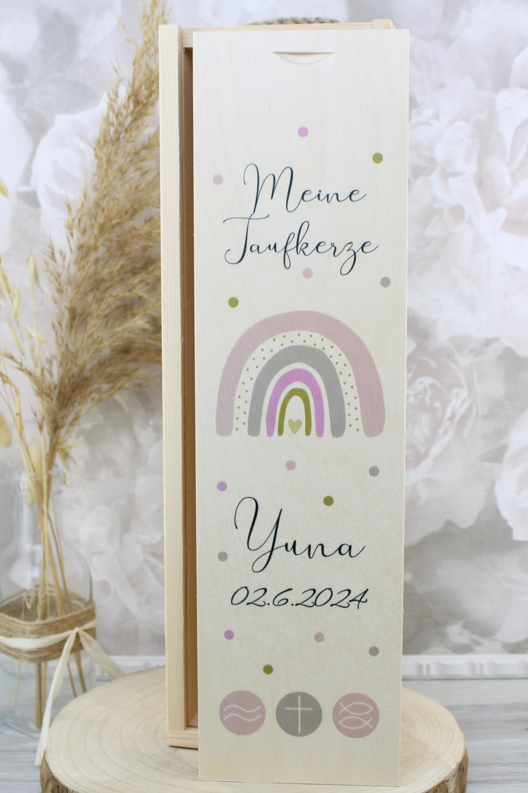 SET Taufkerze Rustik und Kerzenbox YUNA Junge oder Mädchen mit Name und Datum, individuell und handverziert 2501