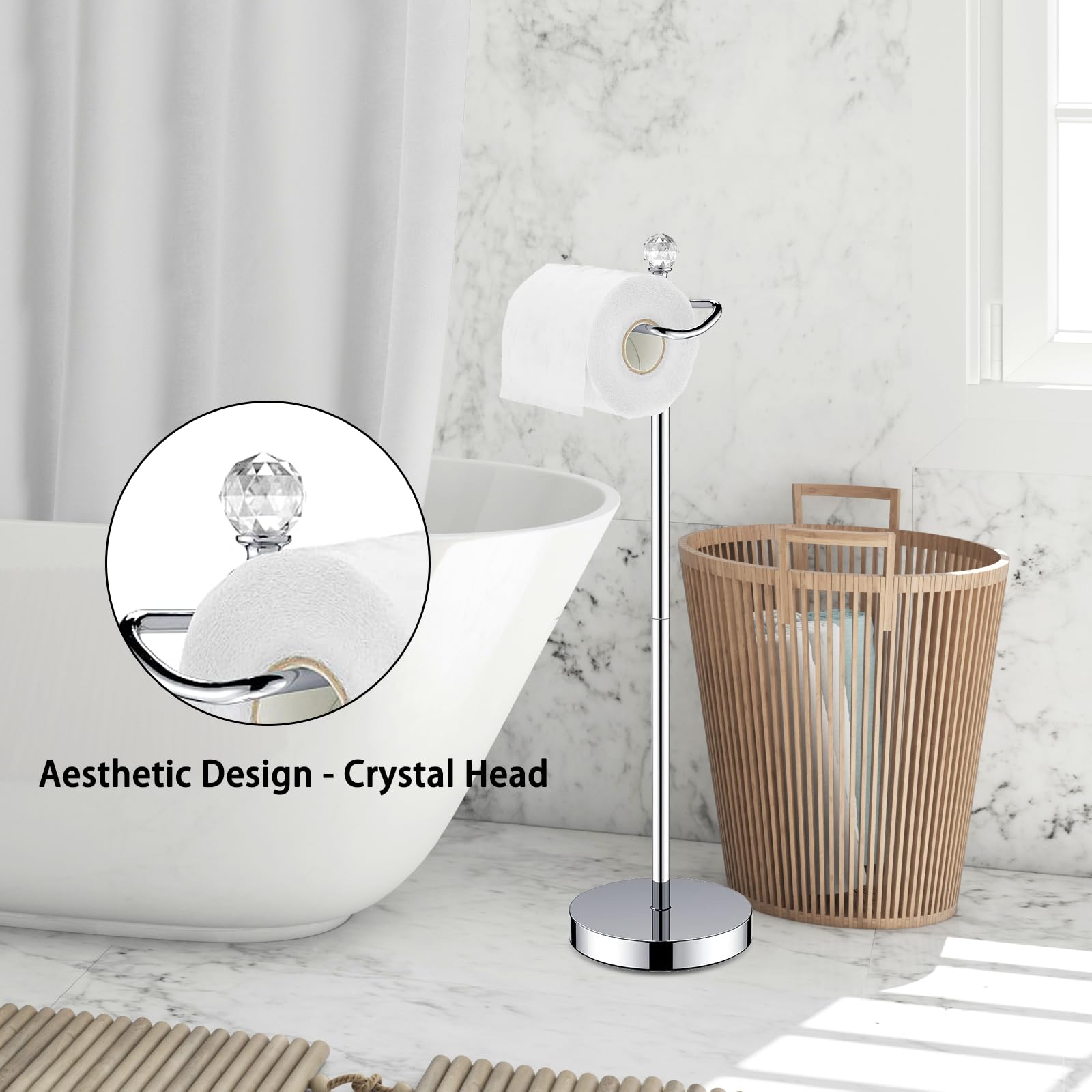 ROLABAM Toilet Paper Holder Stand (with Reserve Function) Free Standing Toilet Paper Holder for Bathroom Total Height 24.4" with Crystal Finial, Chrome Finish — Amazon image 2