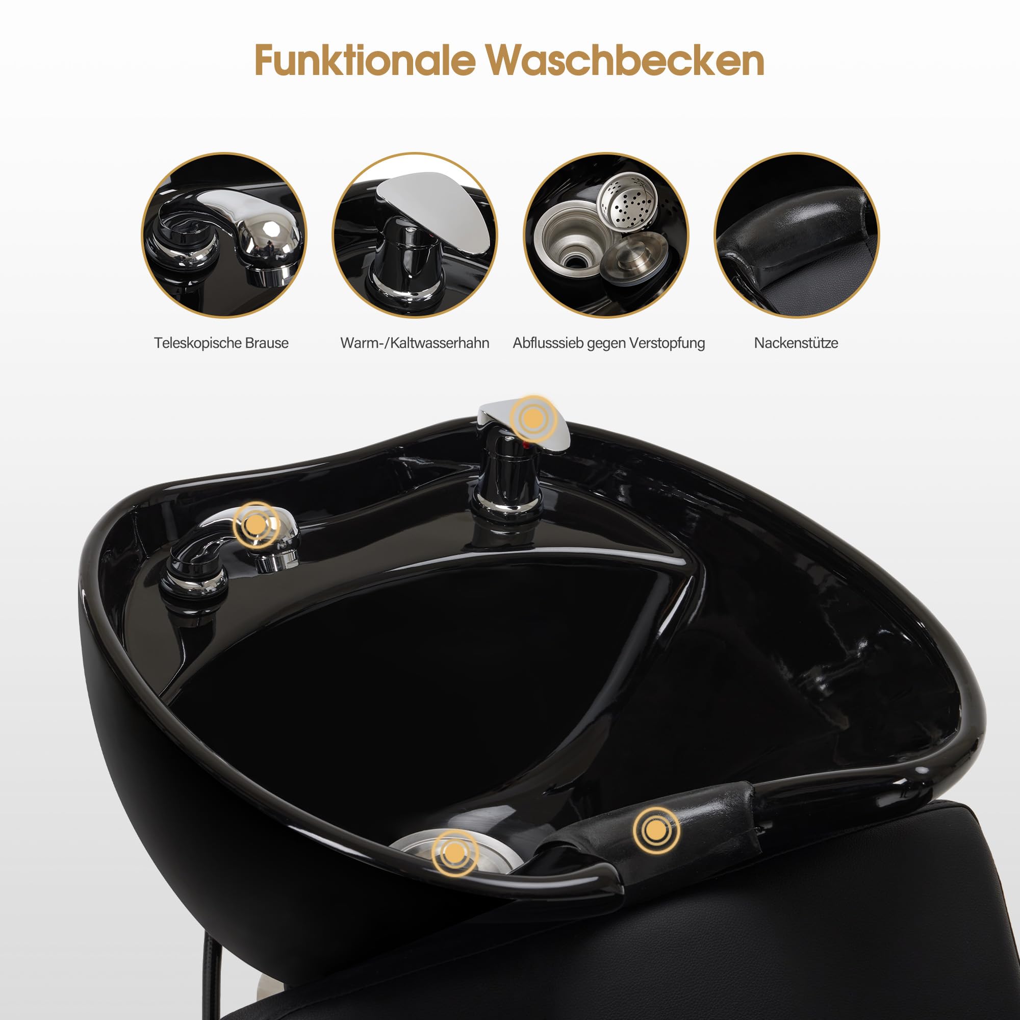 Barberpub Friseurstuhl mit Waschbecken, Klappbare Beinstütze, Friseurwaschbecken aus Keramik Verstellbar, Friseurwaschsessel für SPA Salon, Friseur Waschplatz W8675 (Schwarz)