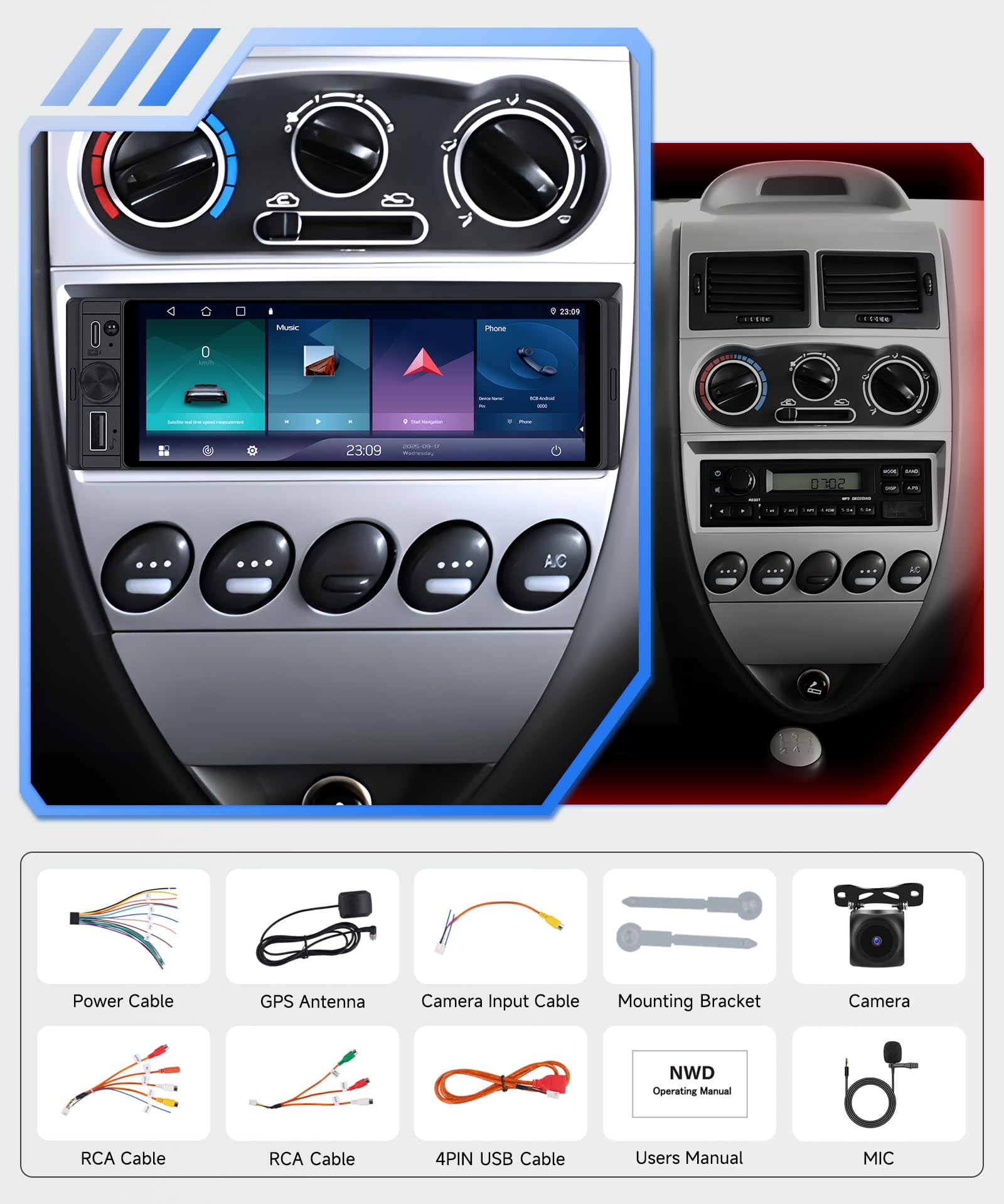 Rimoody Radio samochodowe 2 + 64 GB 1 DIN Android 15-6,28 cala INCELL ekran dotykowy, bezprzewodowy CarPlay/Android Auto, GPS, FM/RDS/EQ Mirror Link, sterowanie za kierownicą, kamera cofania