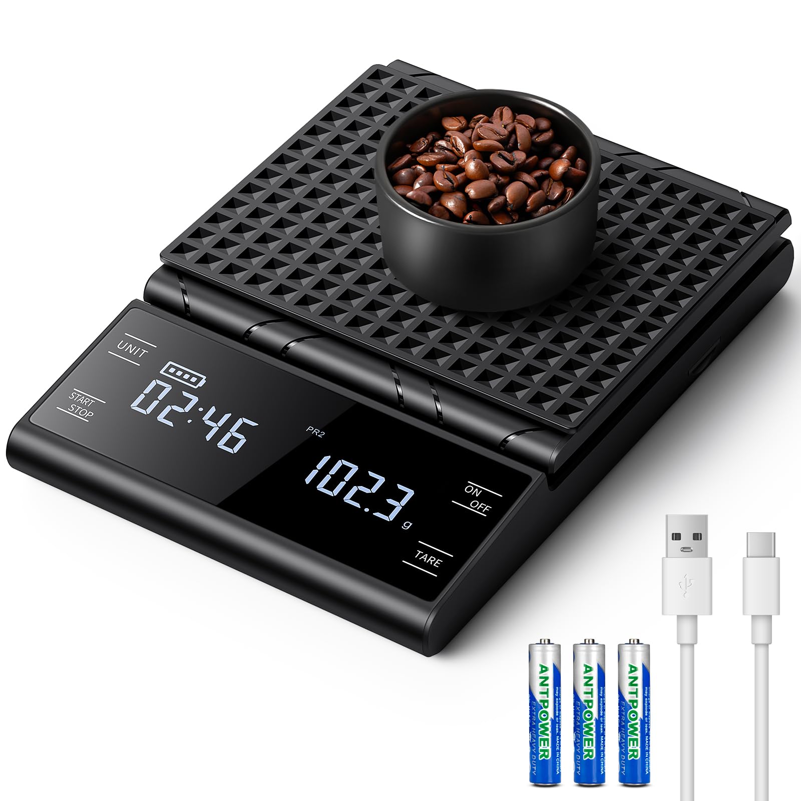 BKXCHA Digital Kaffeewaage Mit Timer, wiederaufladbare Espresso Waage 5 kg/0,1 g Präzisionswaage für Espresso und Pour-Over, Küchenwaage digitale mit Premium LCD Display automatischer für Schmuck