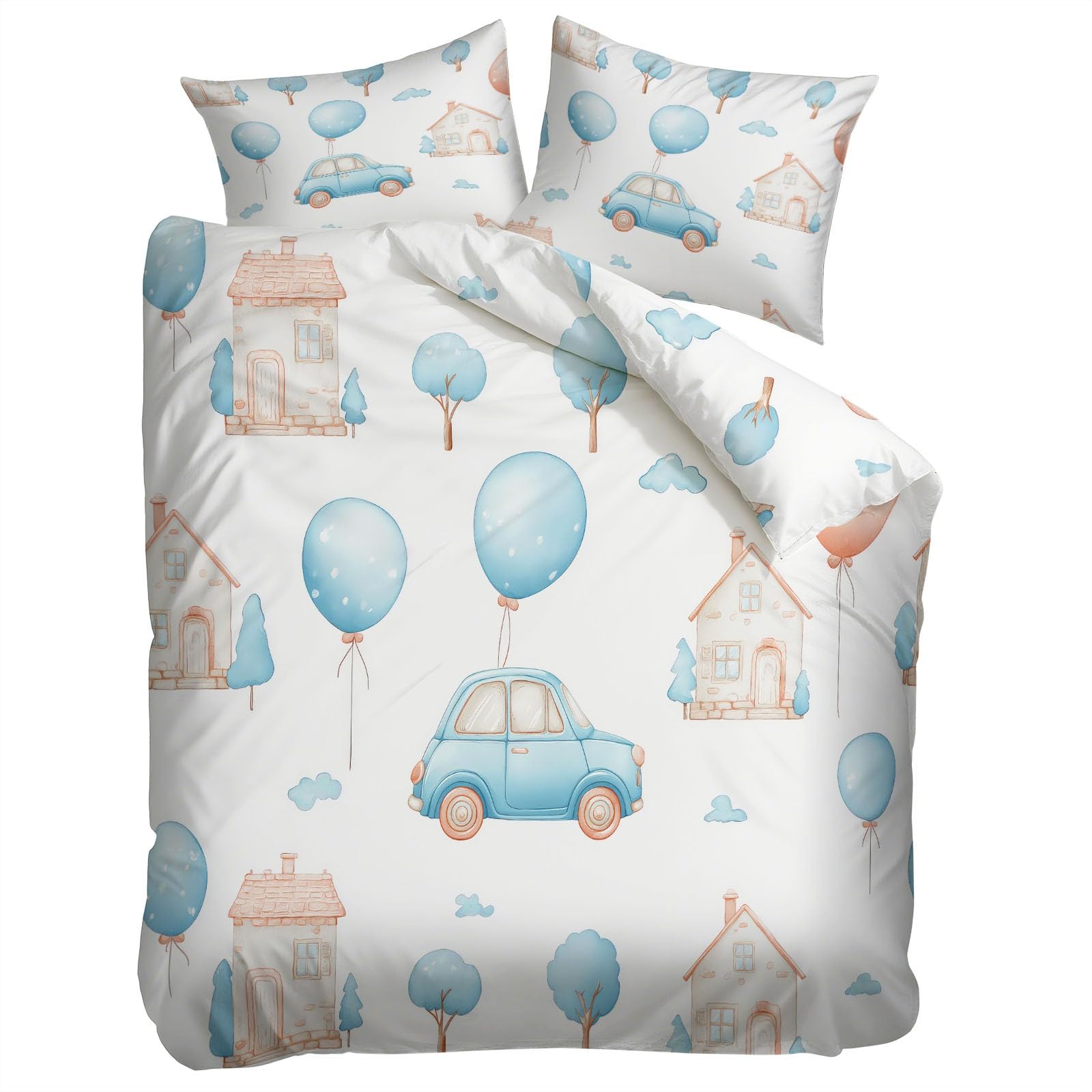 Balon Haus Komplet pościeli dla małych dzieci, 200 x 200 cm, dla matki i niemowląt, ręcznie rysowane, fantazyjna, dwustronna pościel 3-częściowa, miękka, przyjazna dla skóry, hipoalergiczna, biała, z