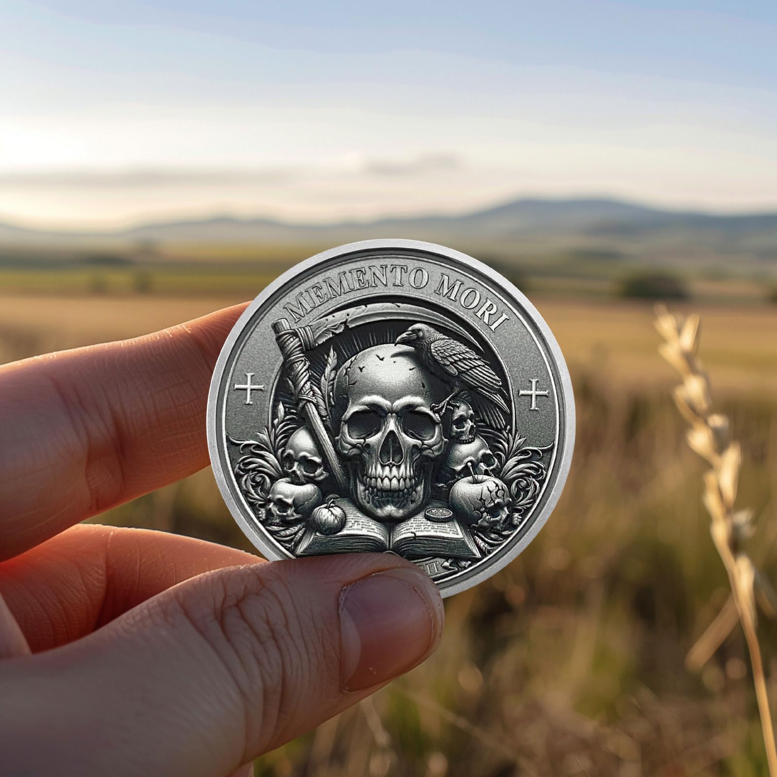 AtSKnSK Moneta Memento Mori TEMPUS FUGIT Moneta Teschio Moneta Sfida Medaglione Corvo Chip Regali Stoici Ricordo per Donne e Uomini
