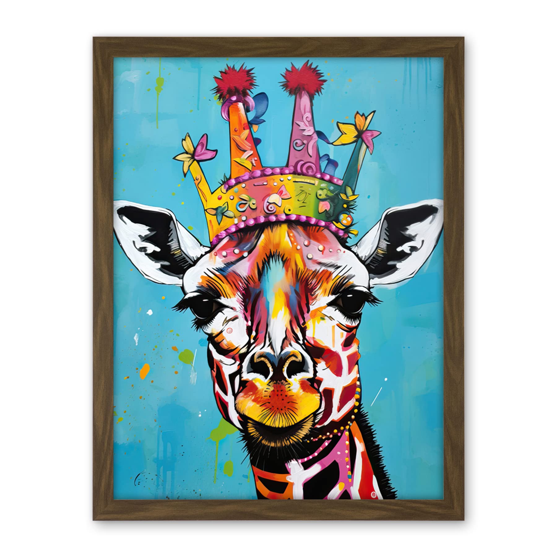 Artery8 Giraffe Wearing Princess Crown Modern Folk Art Artwork Framed Wall Art Print 18X24 Inch