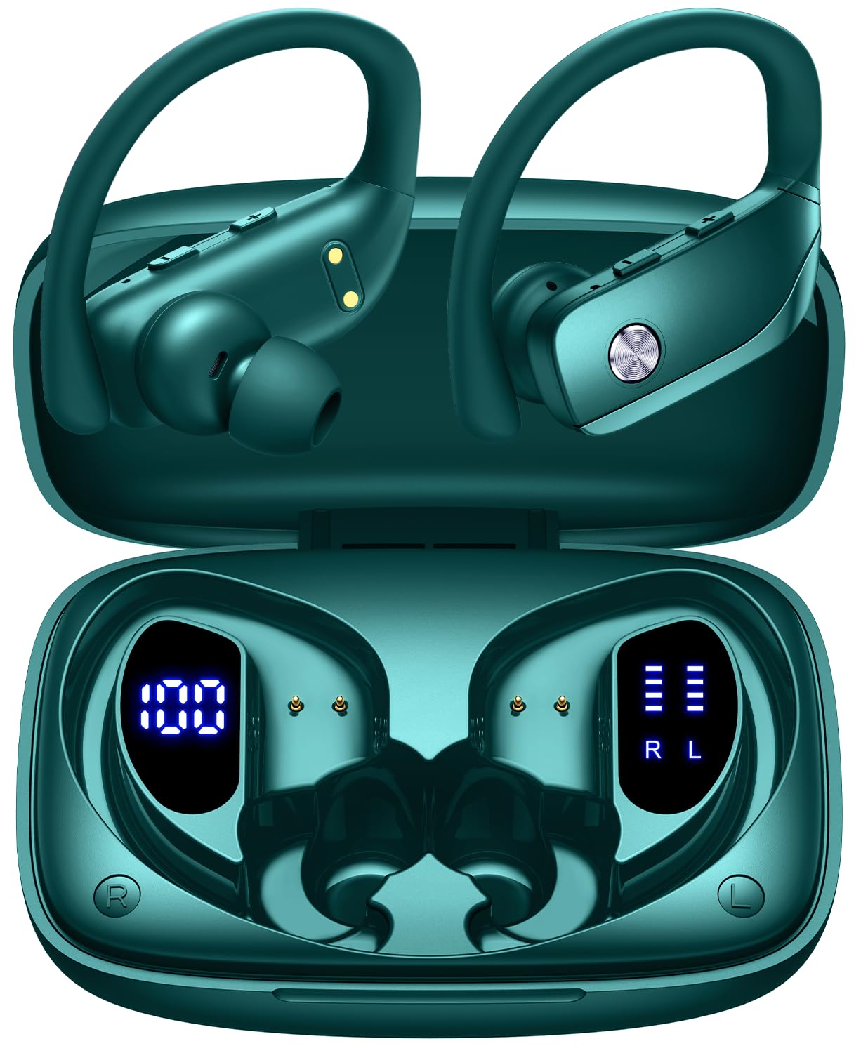 bmanl Wireless Earbuds Bluetooth Headphones Over Ear Hooks Ear Buds with 80H Playtime, LED Power Display, Dual Mic Clear Calls, Sports Wireless Ear Buds Bluetooth Earbuds for Running Gym Workout Green