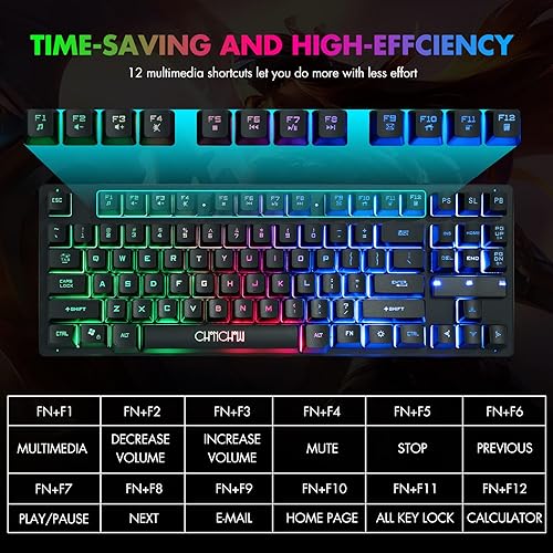 Miniatura 6 de CHONCHOW - Teclado compacto para juegos con cable USB de 87 teclas, teclado LED de arco iris, retroiluminado sin teclas, teclado TKL, teclado RGB