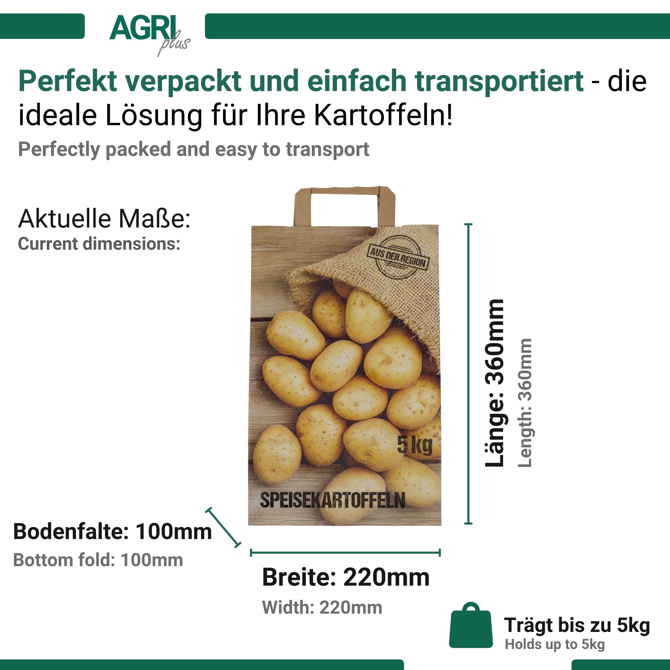 AGRI plus Kartoffeltüten "Kartoffeln aus der Region" 5 kg I 250 Stück I Biologisch abbaubare Papiertragetaschen in 220 x 100 x 360 mm I Robuste Kartoffeltragetaschen aus 90 g/m² Kraftpapier