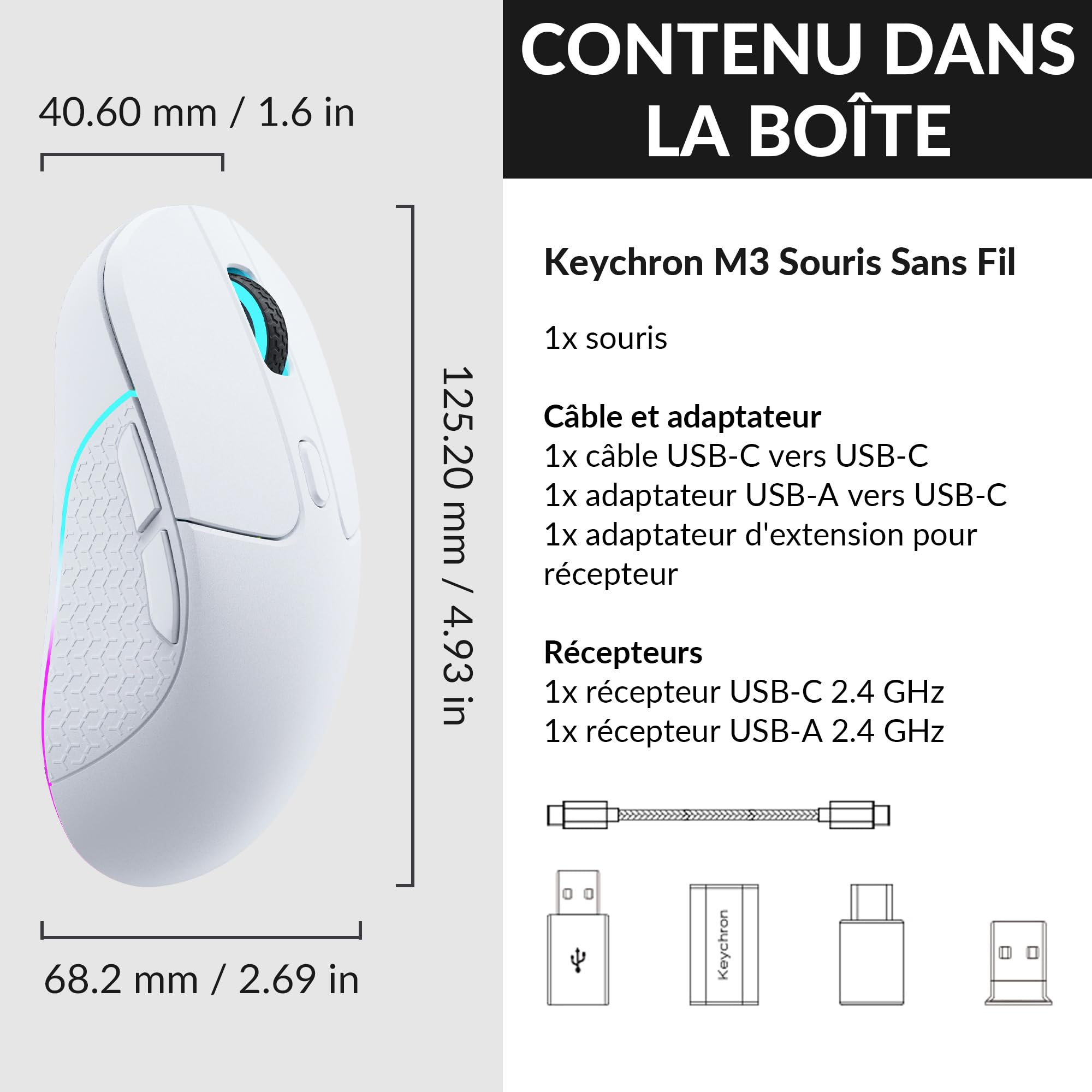 Keychron M3 Souris sans Fil Programmable, 2,4 GHz/Bluetooth 5.1/USB-C Connexion, 26 000 PPP, Capteur PAW3395, LED RVB, Durée 70 Heures, 79 g Souris Gamer pour PC, Mac, Ordinateur Portable - Blanche