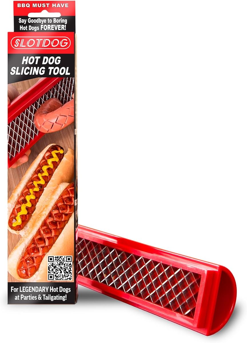 SLOTDOG - Hot Dog Slicing Tool - Stainless Steel Cutter Blades for Kitchen, Grilling, Tailgating, Camping and Backyard Outdoor BBQ - 10 inch - Red