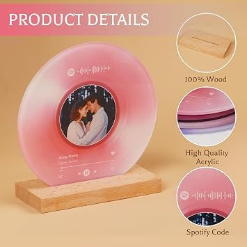 Spotify Plaque Personalised Valentines Gifts for Him Her - Vinyl Record Spotify Picture Frame Personalised Photo Gifts for Boyfriend Girlfriend, Anniversary Birthday Gifts for Couple