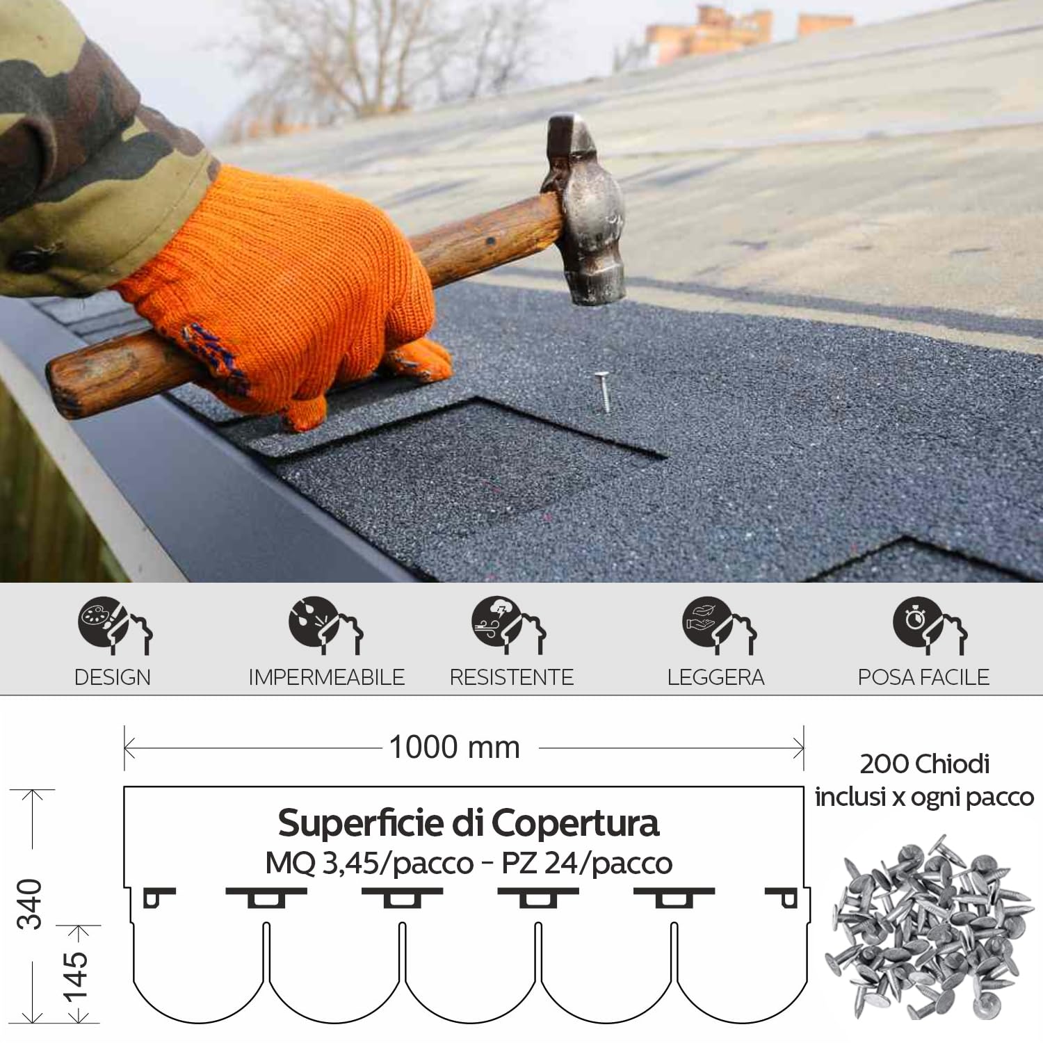 MASTERBRICO Tegole Canadesi per Tettoia Esterno 2,32 mq (16 Pz) – Tegola Canadese Bituminosa e Flessibile con Chiodi Inclusi – Facili da Installare, Resistenti a Intemperie e UV (A008)