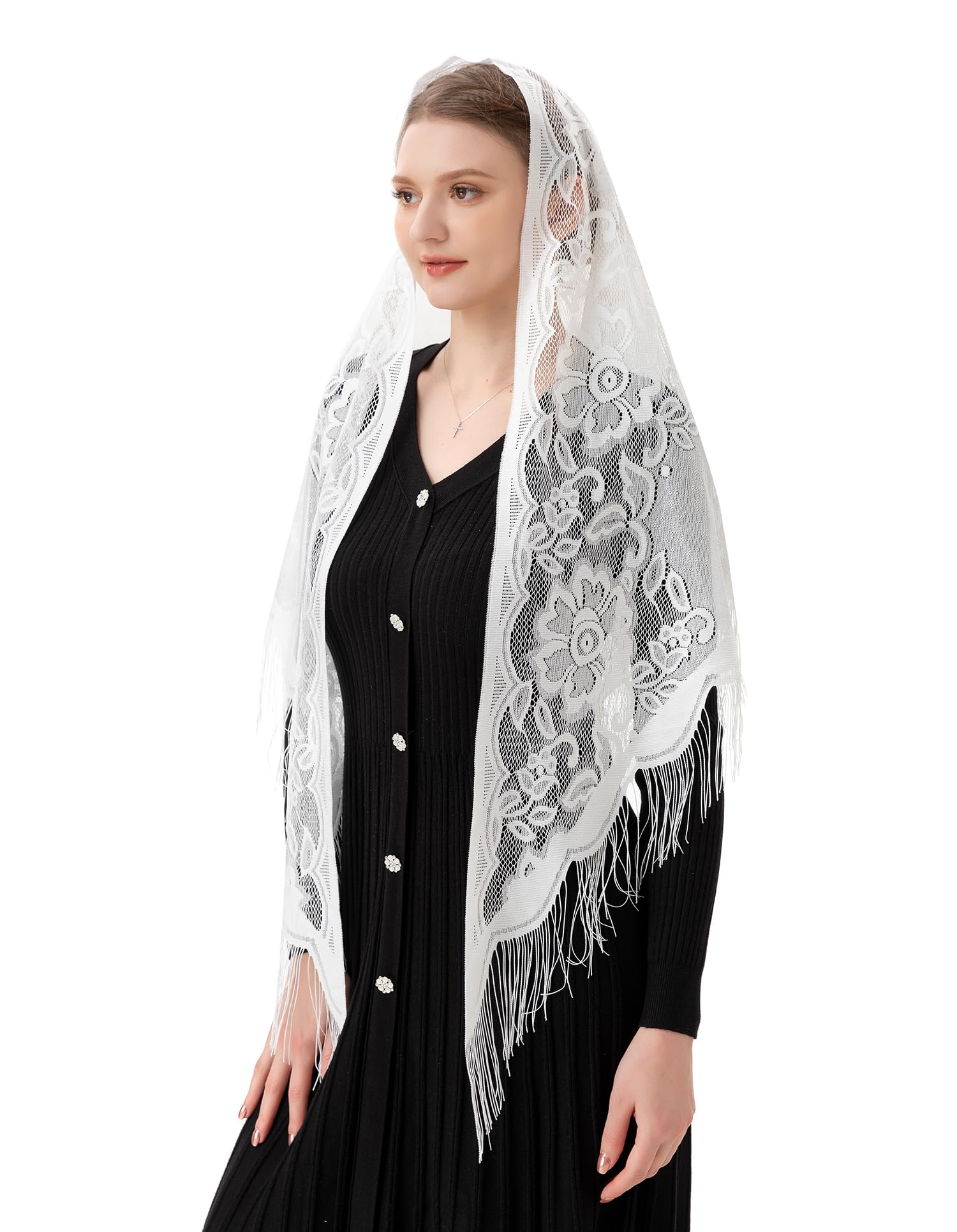 PAMOR Triangle Catholic Church Veil Chapel Veil Scarf Mantilla Veils Wrap Shawl Mass Head Covering with Fringe Trim