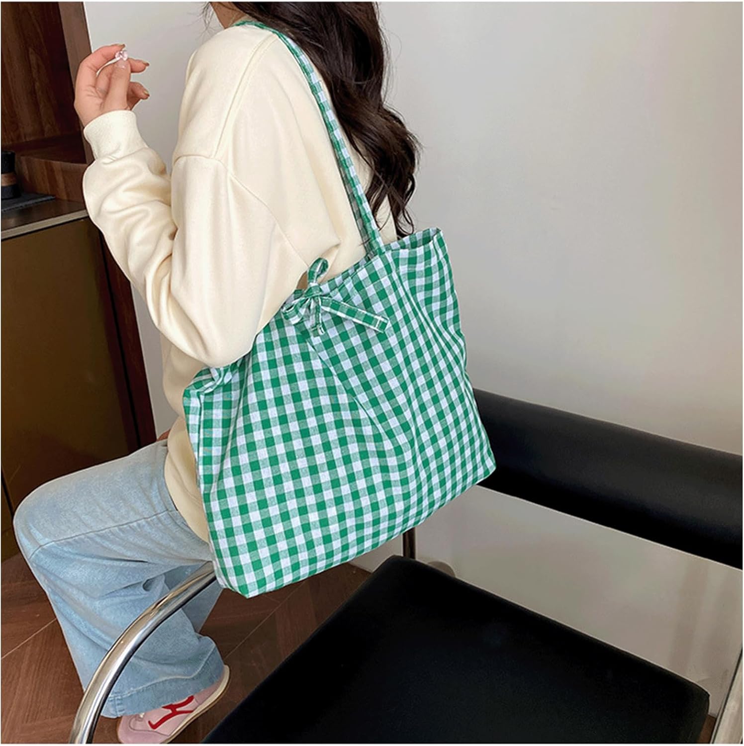 Gingham Tote Bag Vintage Shoulder Tote Lightweight Shoulder Bag Gingham Large Capacity Handbag - Image 2