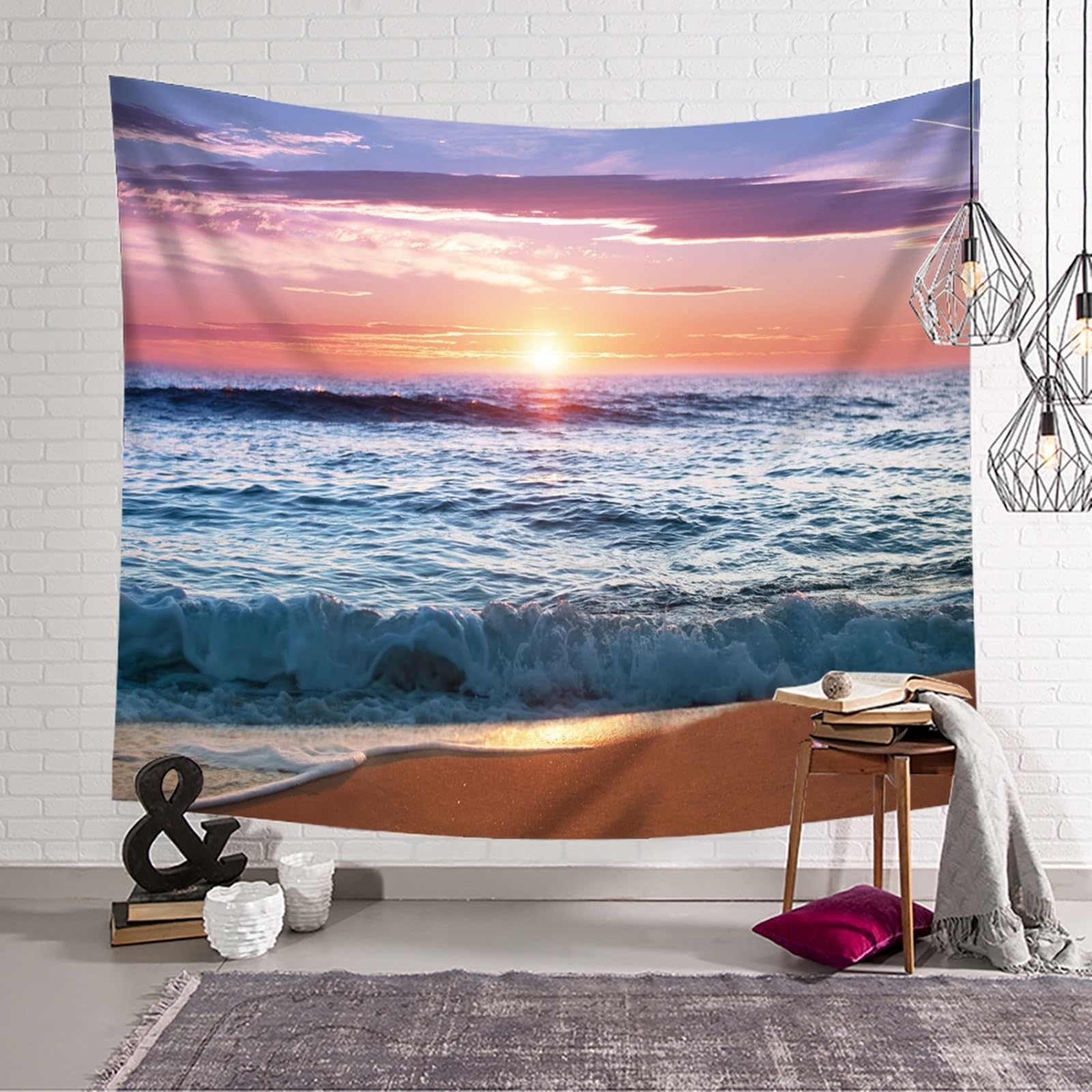 KnSam Wandbehang Blau Orange, Landschaft Natur Wandteppich Meeresufer Strand Sonnenaufgang Tapisserie Wandbehang XXL Polyester Wandtücher für Tischdecke Wohnzimmer Decor, 300x256cm