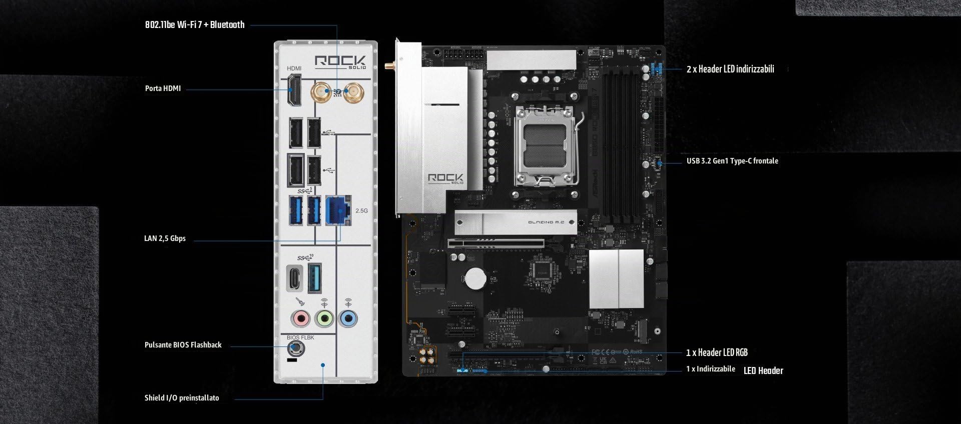 Asrock B850 Rock Wifi 7 Amd B850 Socket Am5 Atx (asrock B850 Rock Wifi 7 Amd Am5 Socket Motherboard, Atx, 4x Ddr5 Slots, 2x M.2 Socket, Fitted I/o sh