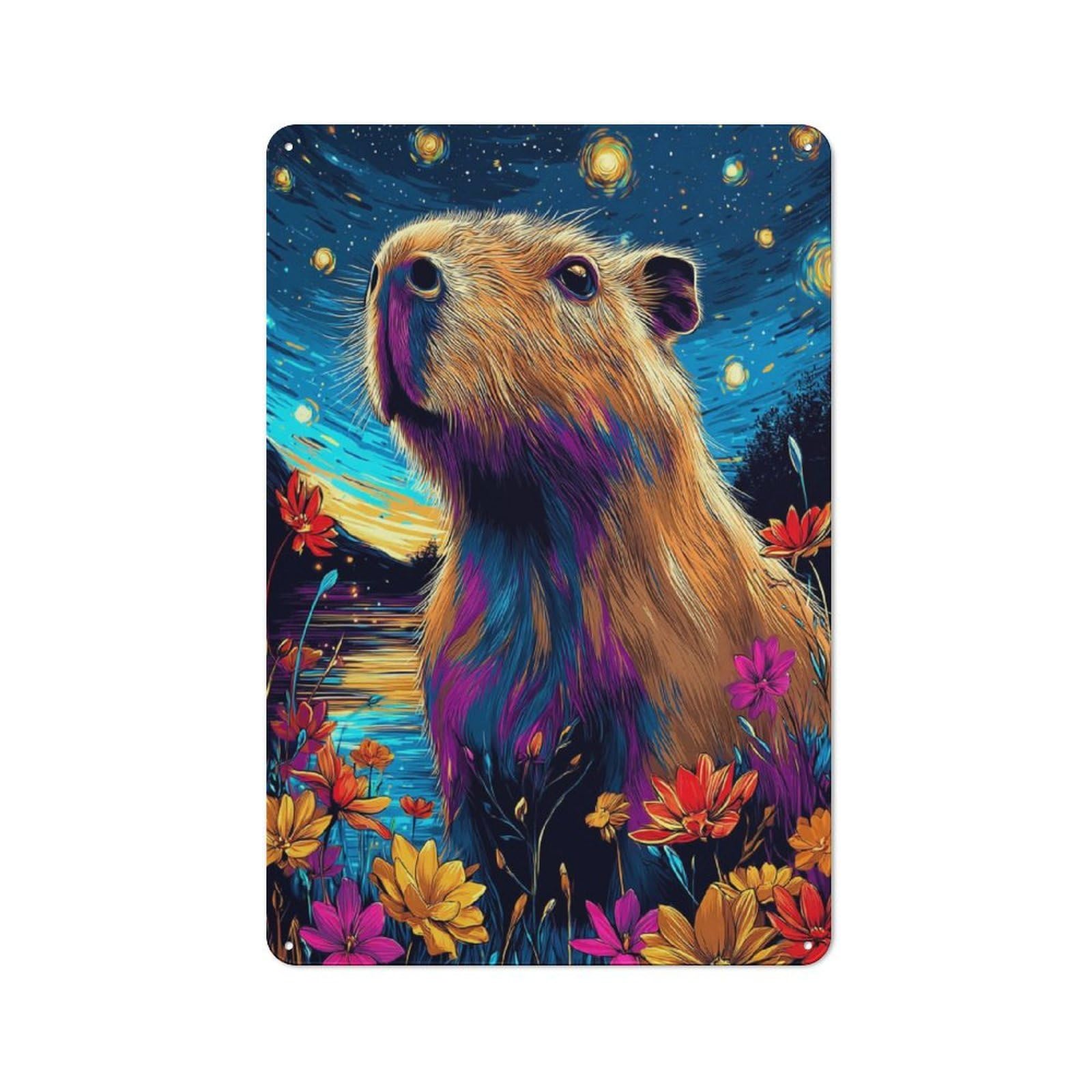 Junmoney Capybara In A Starry Night Garden Clean Industrial Industrial Metal Sign 30X20cm, Studio Wall Art For Loft, Studio, Office Or Creative Room
