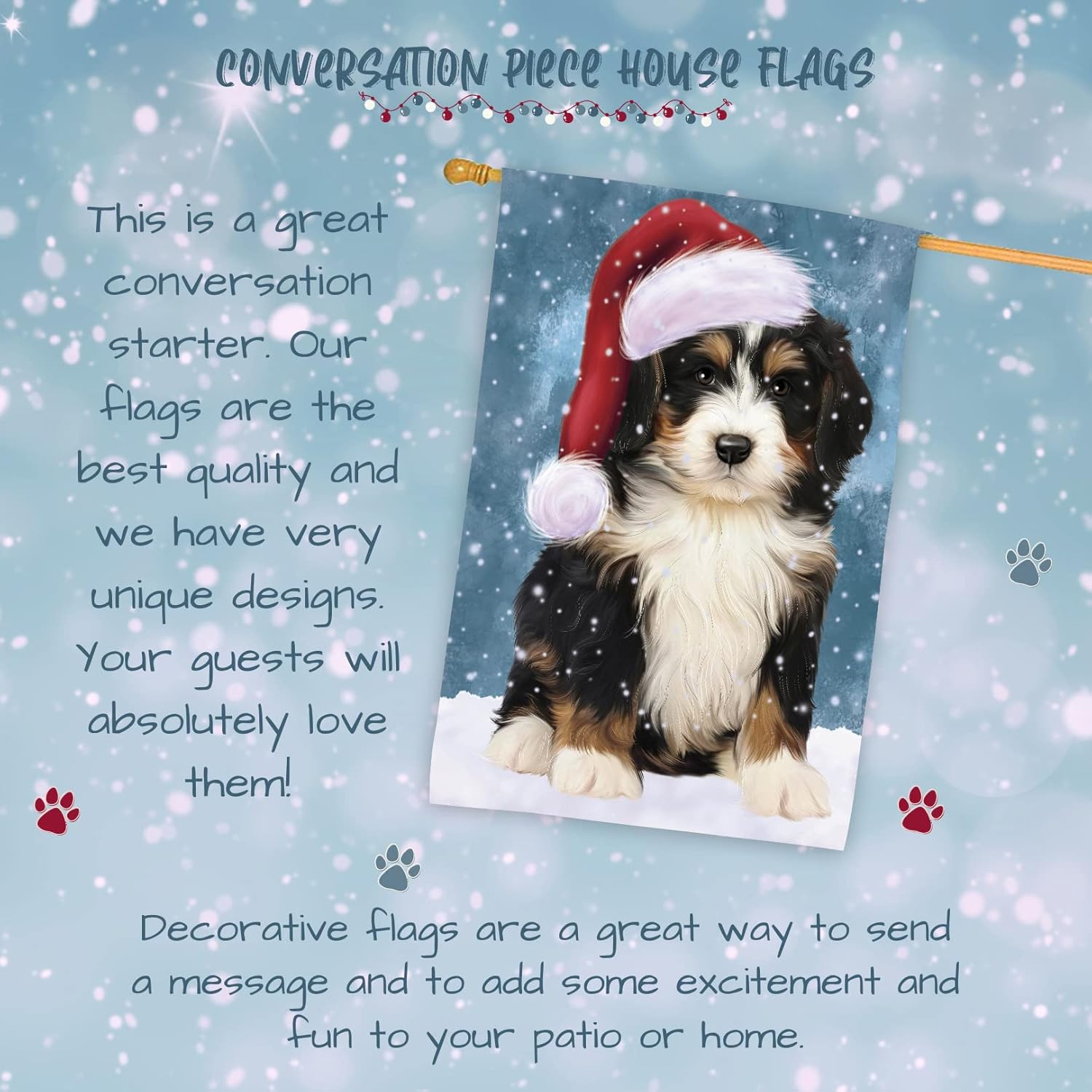 Doggie of the Day Bernedoodle Dog House Flag - Christmas Let it Snow - Holiday Outdoor Double Sided Pet Portrait Home Garden Decor 28"w x 40"h, HFLG60804