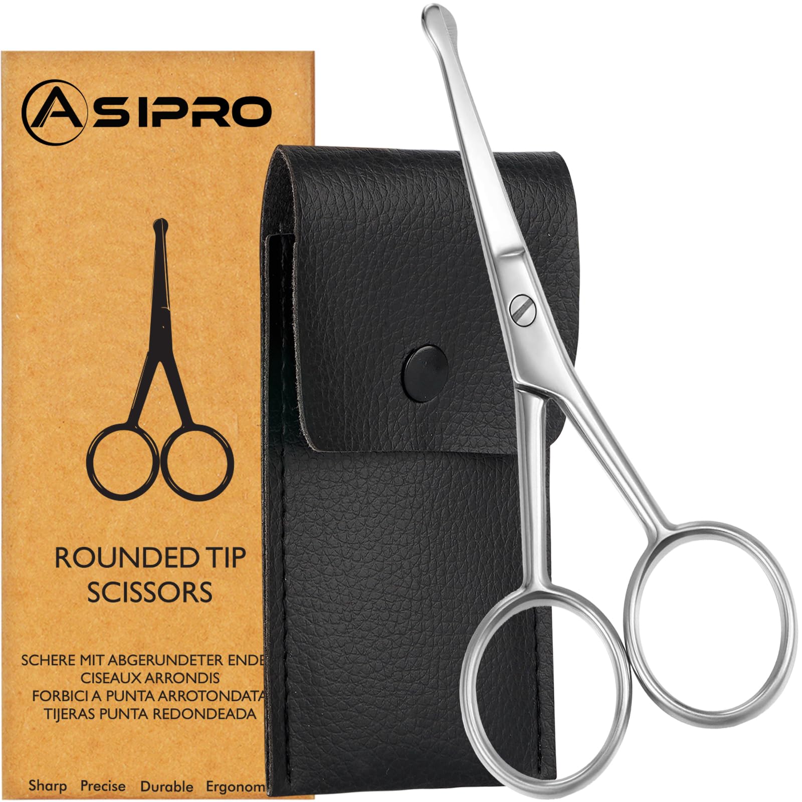 ASIPRO Tijeras Punta Redonda 4" Incluidos Funda Tijeras Nariz Hombre y Mujer Acero Inoxidable para Cejas, Pestañas y Oídos Nose Hair Scissors, Rounded Tip Scissors para Recortar Bigote, Barba y Nariz