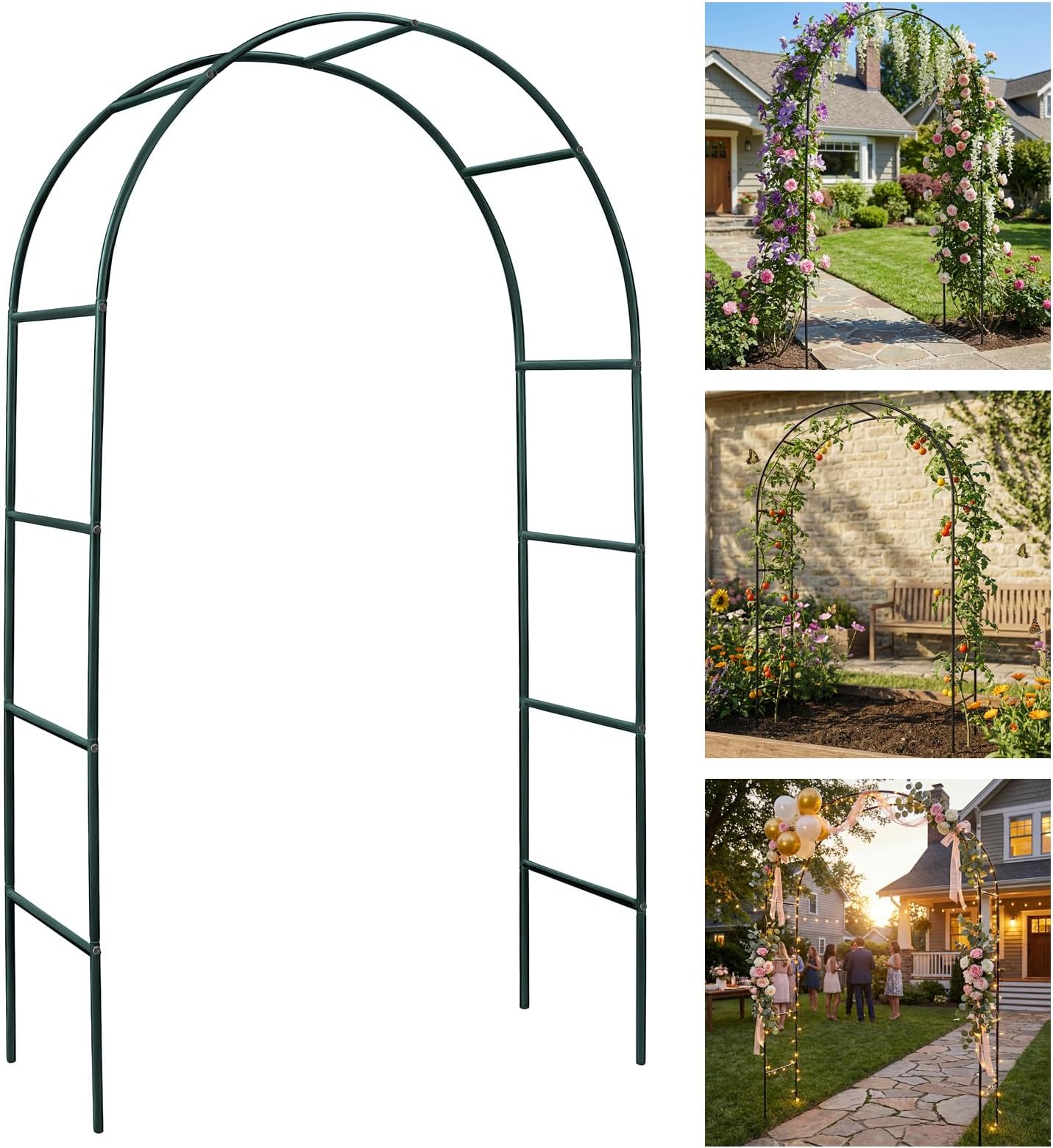 Skypatio Metal Pergola Arbor, Outdoor Flower Garden Arch Trellis, Durable Steel Garden Arbor for Climbing Plants, Wedding Decoration, 7'8" H x 4'5" W, Dark Green