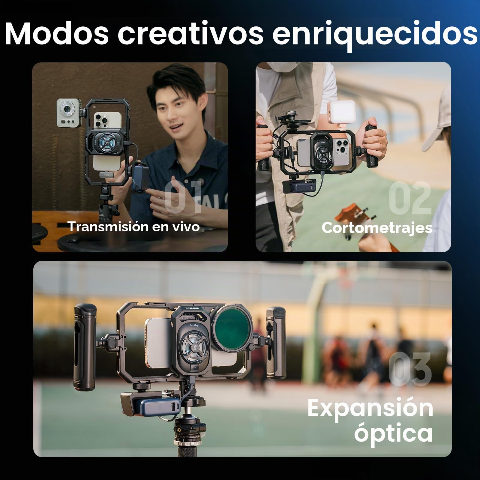 SMALLRIG Jaula para Teléfono con Refrigeración - Ventilador 15W, Hub 4 en 1, Soporte Power Bank, Compatible 2.5 3.1 Pulgadas, para Streaming - 5276