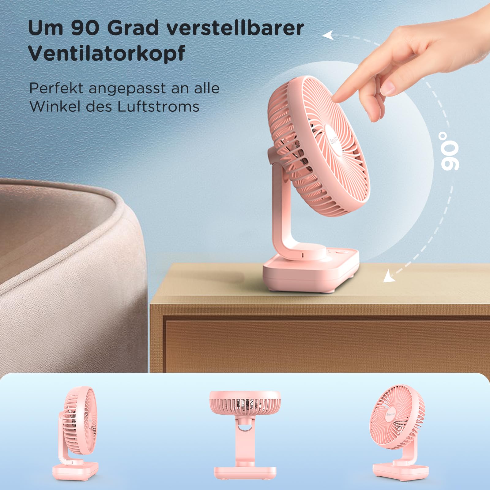 EasyAcc Tischventilator, 4000 Akku Batterie Klein USB Ventilator, Tragbarer Aufladbar Basis Ventilatoren mit 4 Geschwindigkeiten für Camp,Büro, Bibliothek und Zuhause - Rosa