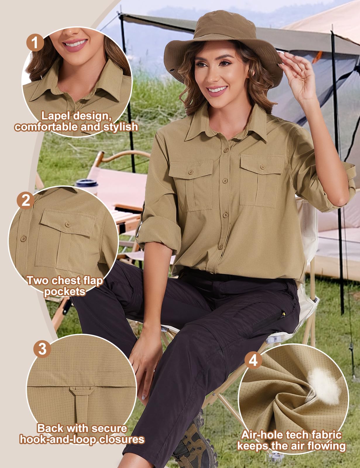 Tuopuda Camicia Donna Estiva UPF 50+ Camicetta Protezione Solare Maglietta a Manica Lunga Safari Blusa con Bottone Traspirante per Pesca Escursionismo Mare Spiaggia Piscina