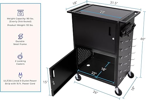 Miniatura 5 de Line Leader Stellar - Carrito de computadora con tablero de clavijas y ganchos personalizables, armarios de doble bloqueo, alimentación certificada
