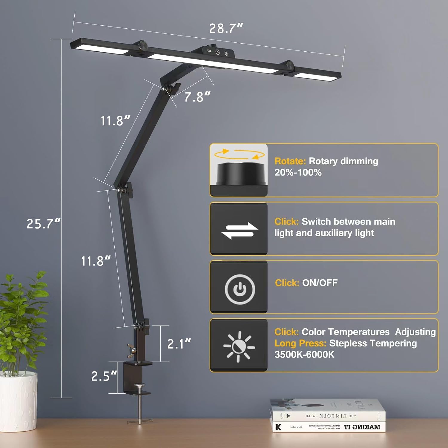 Dim Lit Desk Led Desk Lamp for Office Home, Architect Desk Lamp with Clamp, Ultra ...