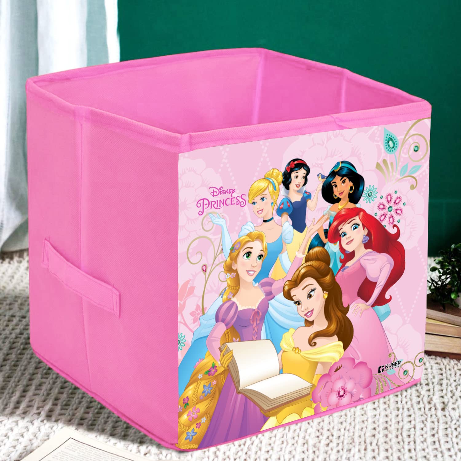 Kuber Industries Disney Princess pudełko do przechowywania z nadrukiem, składany organizer na ubrania, składany kosz do przechowywania z uchwytem na zabawki, książki, 30 l, 2 sztuki (różowy)