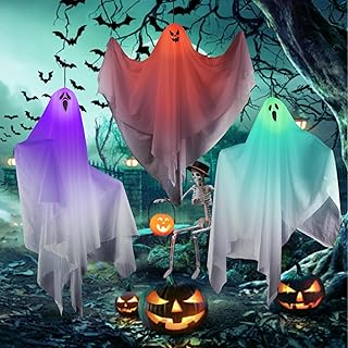 Halloween Deko Hängender Geist, 3 Stück 67CM LED Blinkender weißer Geist Hängedekoration, Gruseliger Fliegender Leuchtenden Geist, für Innen Außen Bäume Terrasse Garten Halloween Party Dekoration