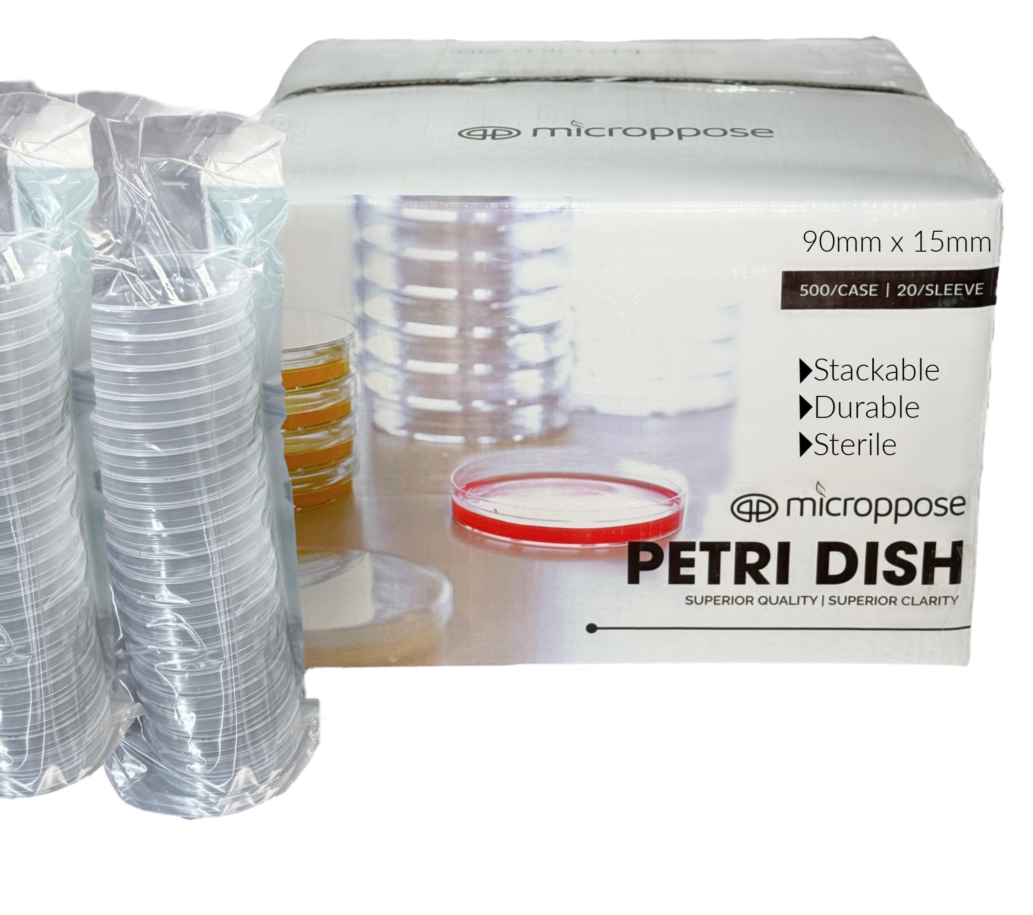 Microppose 500 Pack 90mm Polystyrene Petri Dishes – Vented Lids, Pre-Sterilized, Crystal Clear, Disposable, Lab-Grade for Mycology, Microbiology, Agar Culture
