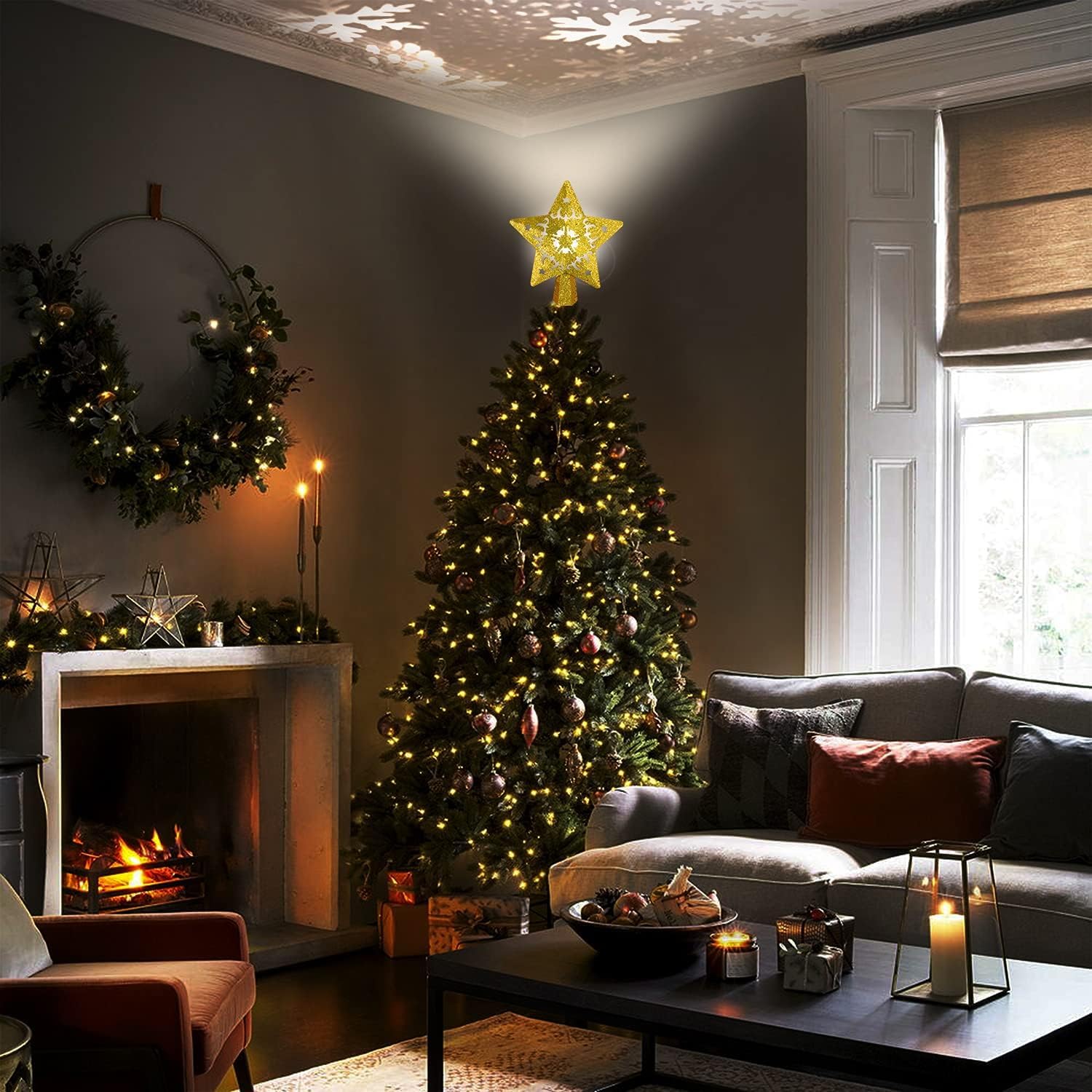 Árbol de Navidad Topper Estrella iluminada árbol T Adornos for árboles de Navidad Golden Star con proyector LED Giratorio de Copo de Nieve