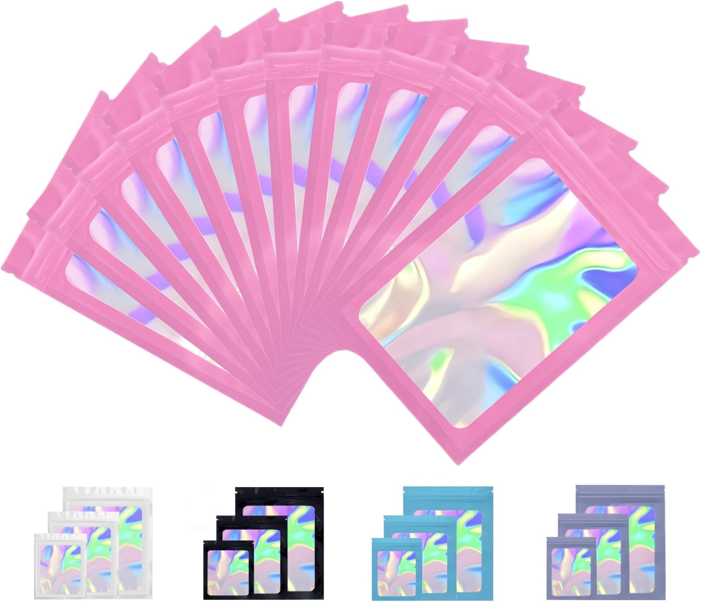 Rimiko 100pcs Pink Holographic Mylar Bags with Clear Window, Aluminum Foil Sample Bags, Self-Sealing Pouches for Packaging and Food Storage (2.75"x3.9")
