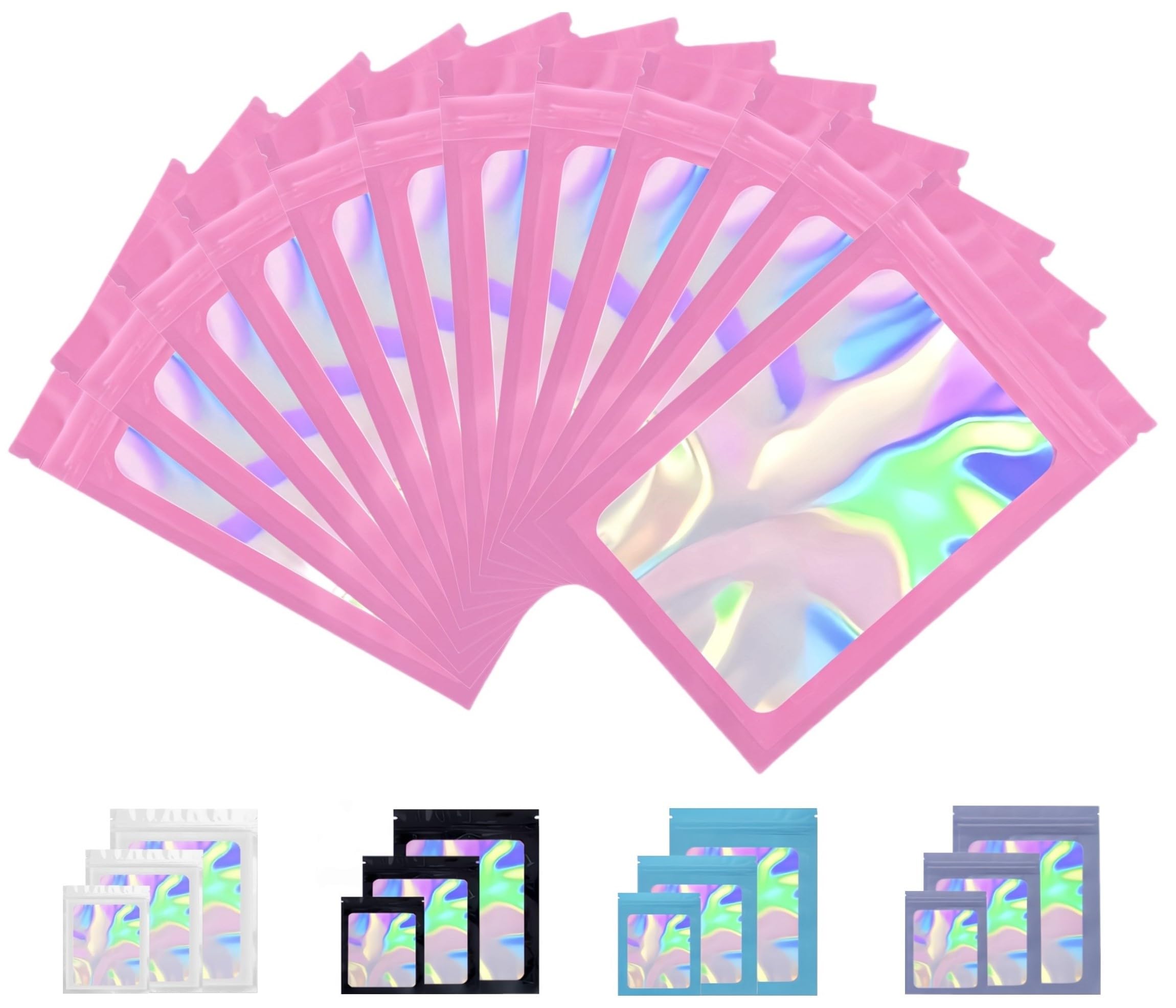 Rimiko 100pcs Pink Holographic Mylar Bags with Clear Window, Aluminum Foil Sample Bags, Self-Sealing Pouches for Packaging and Food Storage (2.75"x3.9")