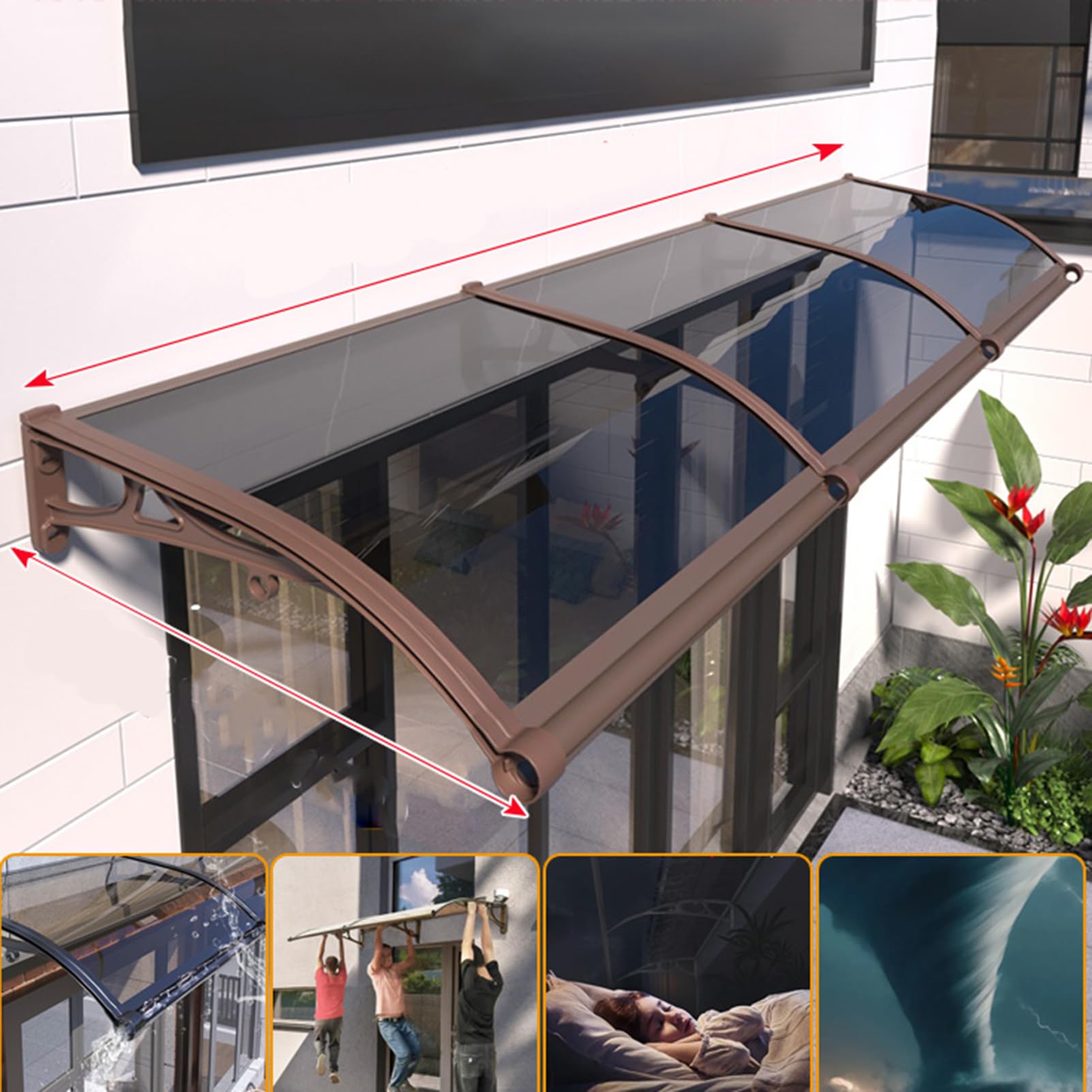 Auvent de jardin en polycarbonate gris et profilé aluminium marron haute résistance