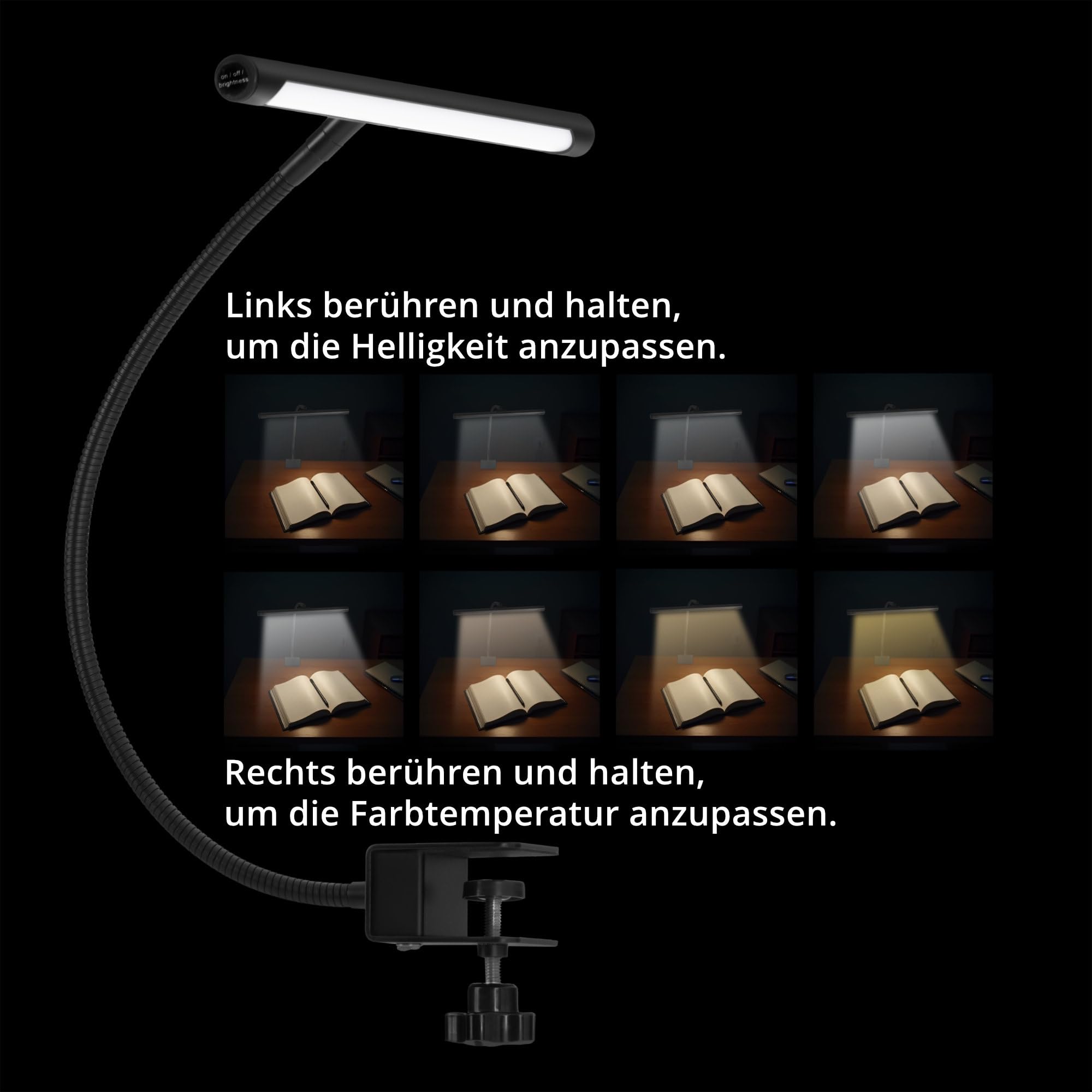 Classic Cantabile SM Orchesterleuchte für Notenpult - Dimmbare Klemmlampe LED mit Memory-Funktion - Tischlampe mit Schwanenhals - Warm-weißes Licht, 78 LEDs - Notenpultleuchte - Klavierlampe Schwarz