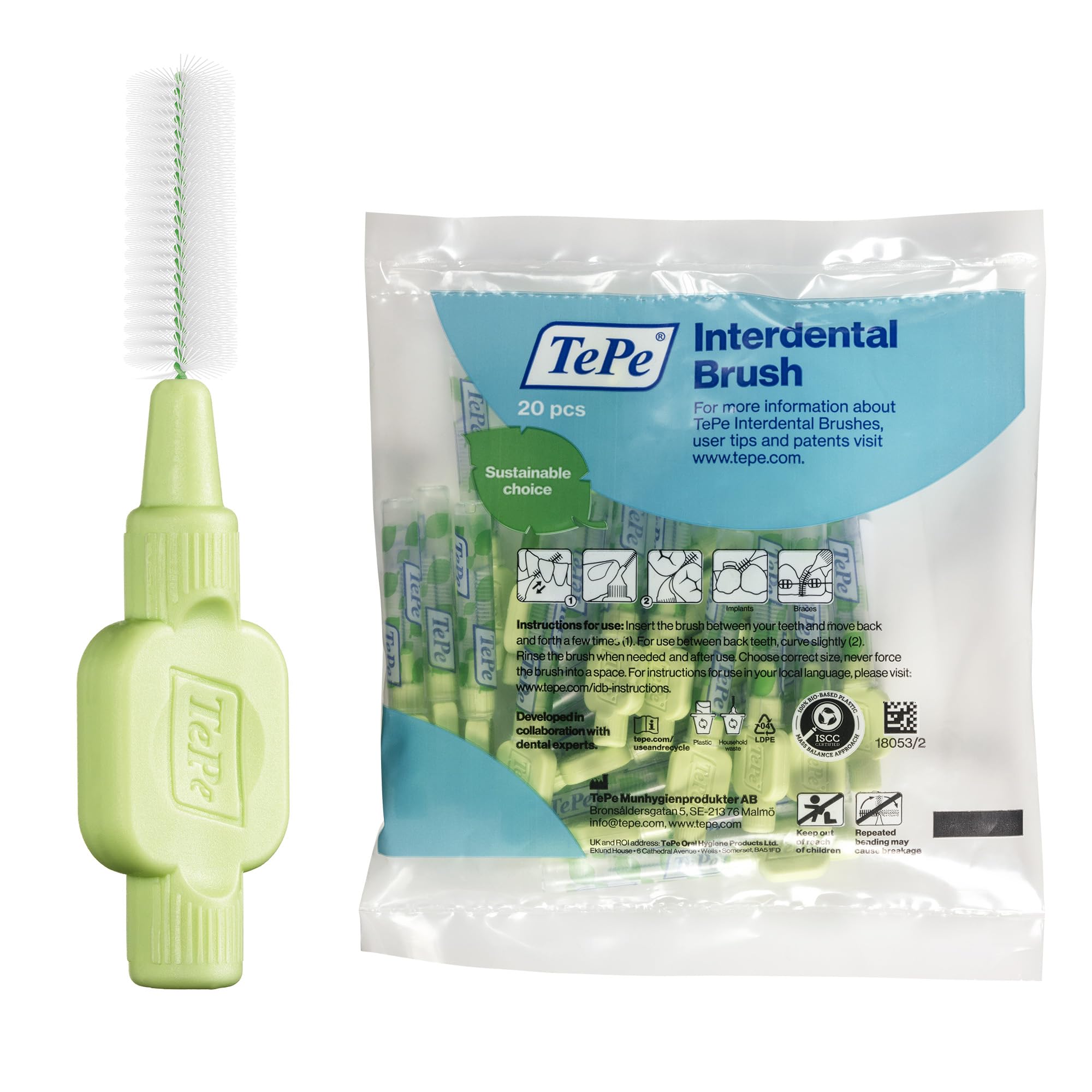 TePe Interdental Brush, Extra Soft, Green, 0.8mm/ISO 5, 20pcs, Plaque Removal, efficient Clean Between The Teeth, Tooth Floss, for Small Gaps