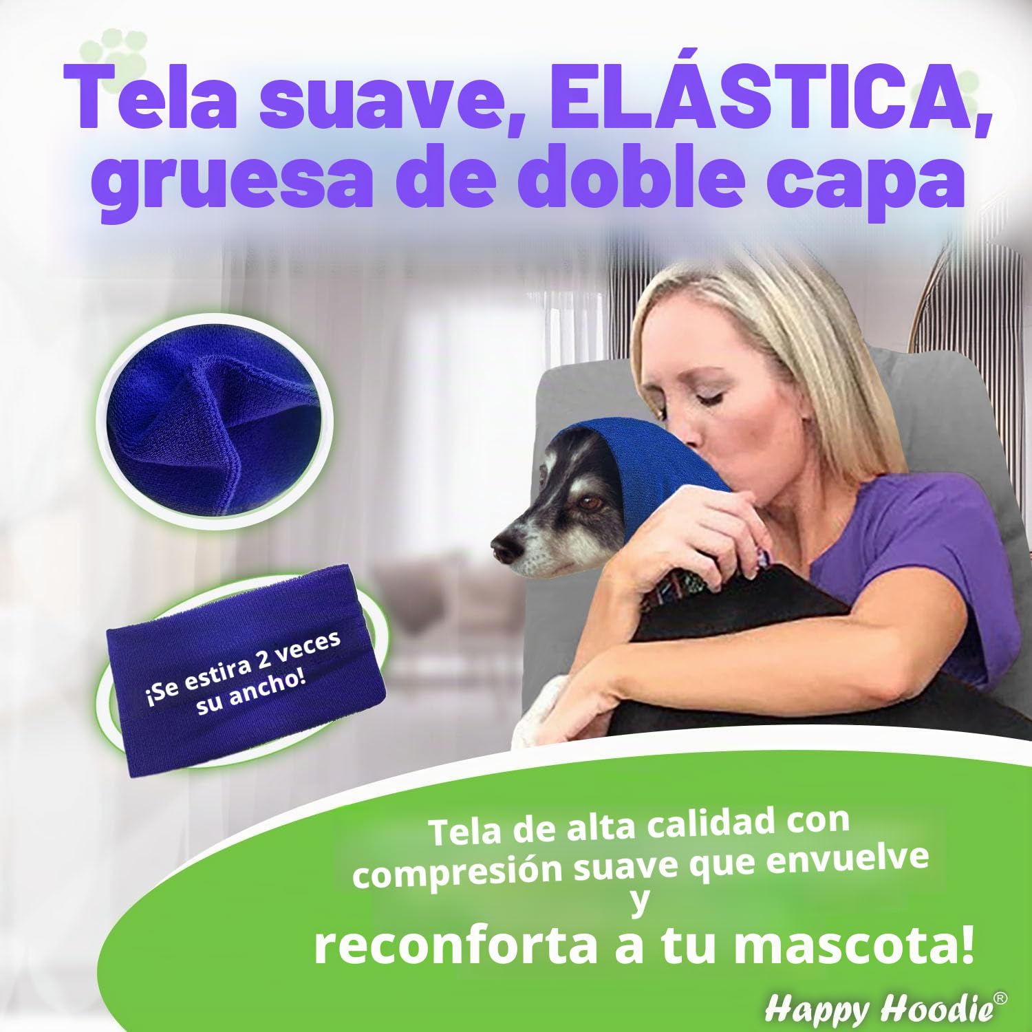 Happy Hoodie - Banda calmante Original para Perros y Gatos, para aliviar la ansiedad, cancelación de Ruido, Fuegos Artificiales, Aseo y Secado Forzado, Ayuda calmante para Perros Desde 2008, XL, Azul