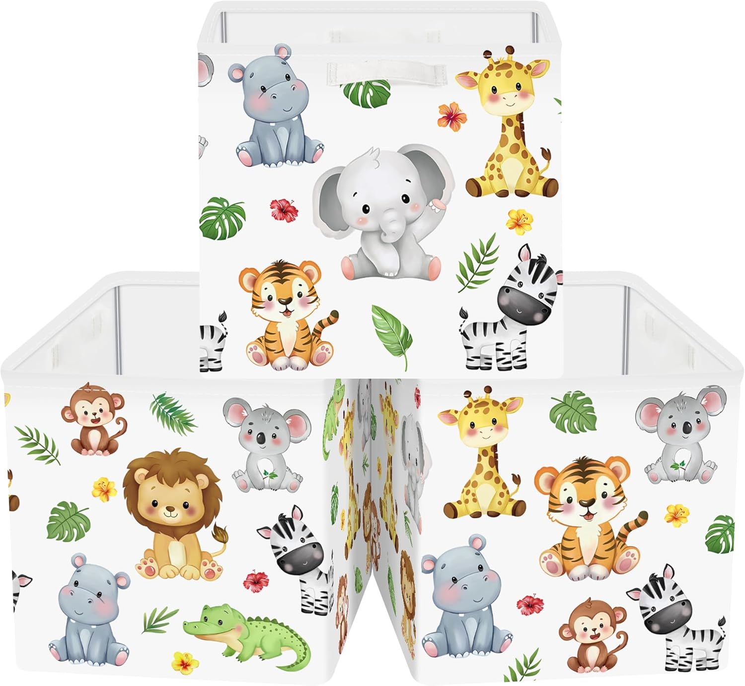 11.8" Jungle Animals Cube Storage Organizer Set 3Pcs Lion Giraffe Elephant Cube Storage Bin for Bathroom/Bedroom Parent Book Chest, Tiger