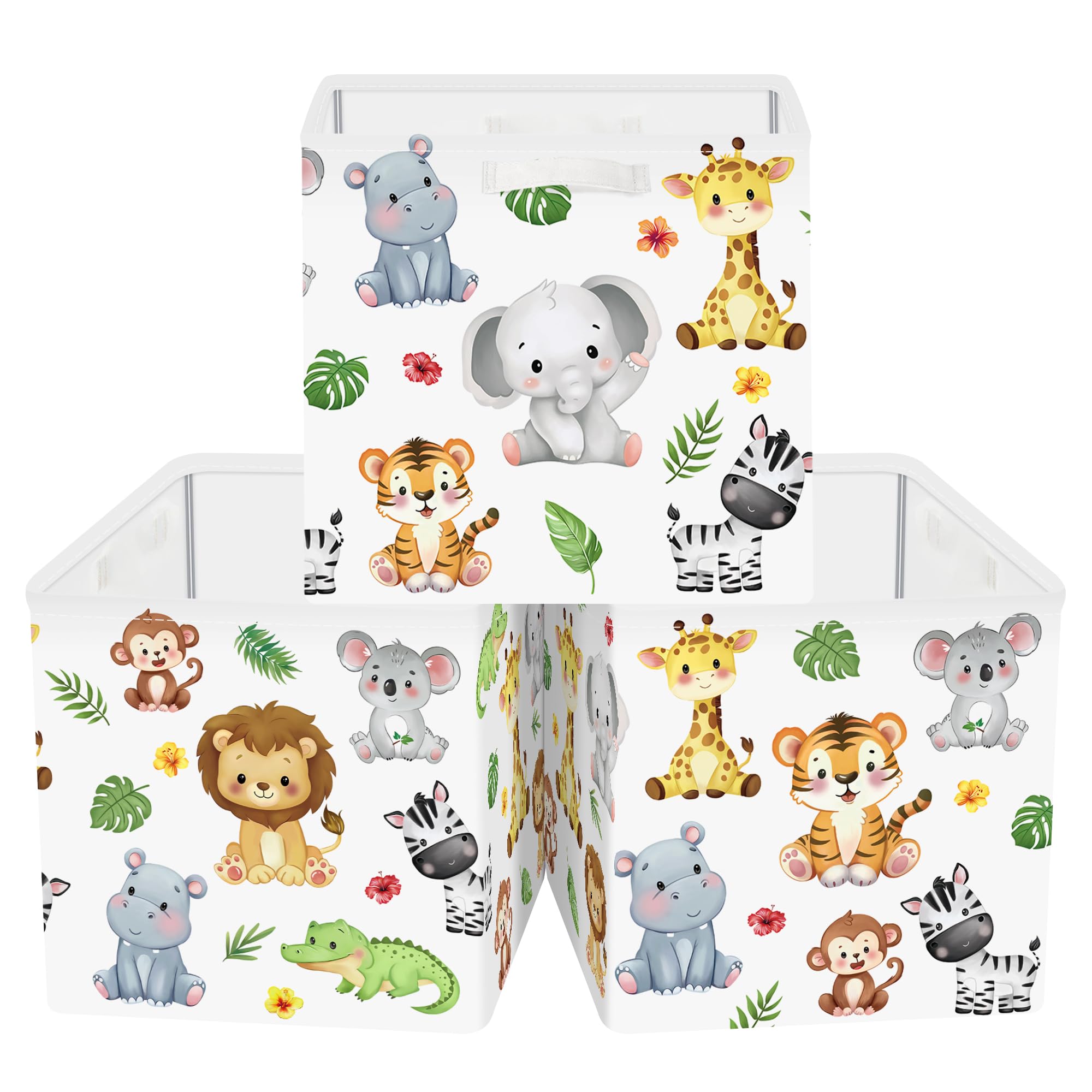 Boîtes de Rangement Lot de 3 Animaux de La Forêt Paniers de Rangement Cube Lion Girafe Enfant Pliables Coffre à Jouets pour Étagères Livres, Tigre