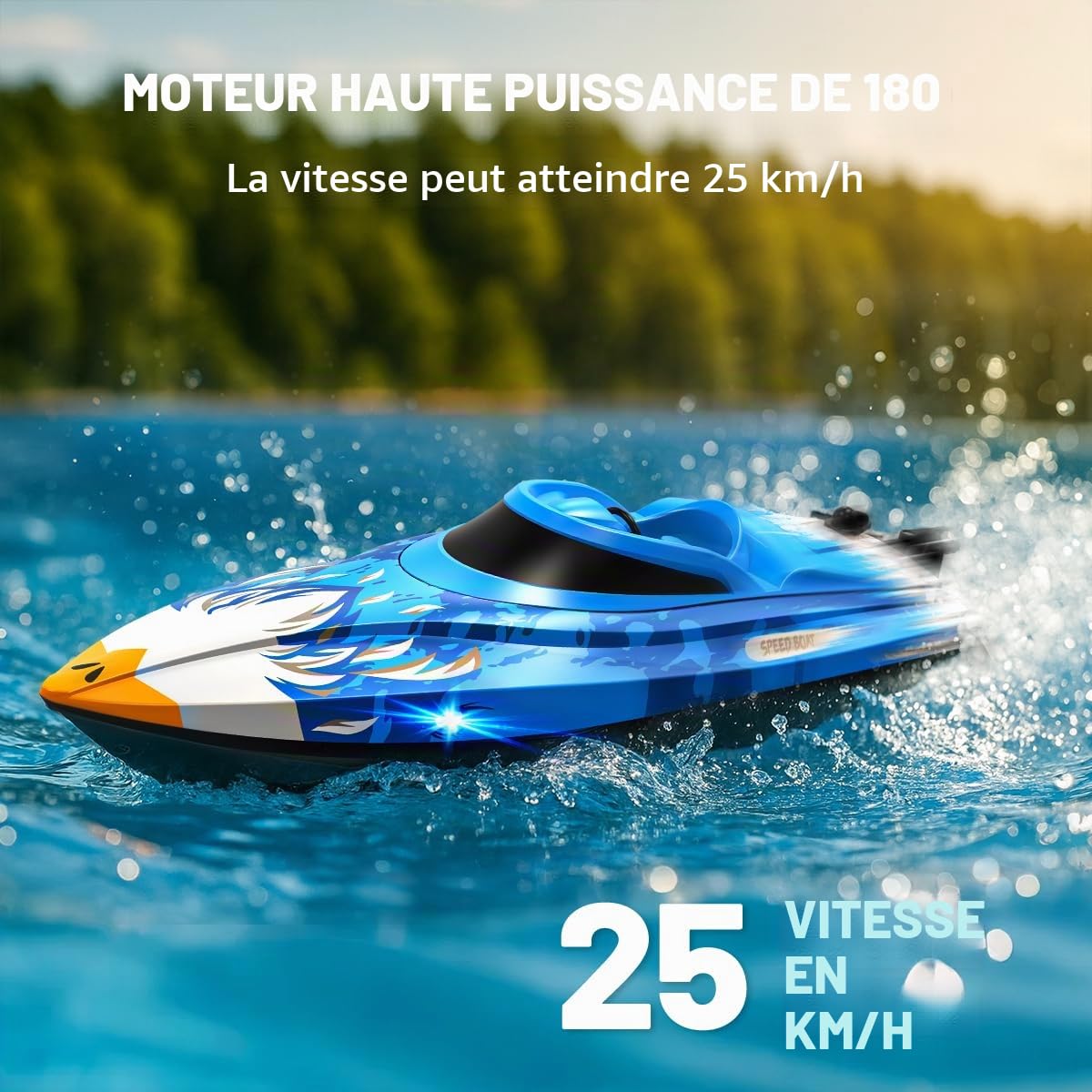 Bateau télécommandé RC 25 km/h étanche 2.4 GHz avec refroidissement par eau, LED, retournement automatique, alarme batterie et portée, 2 batteries incluses, pour enfants et adultes, piscine et lac