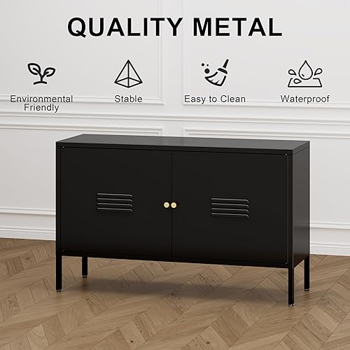Miniatura 7 de Armario de almacenamiento de metal, gabinete de acento de 2 puertas, soporte de TV con puertas y estante ajustable, armario de metal para bufé