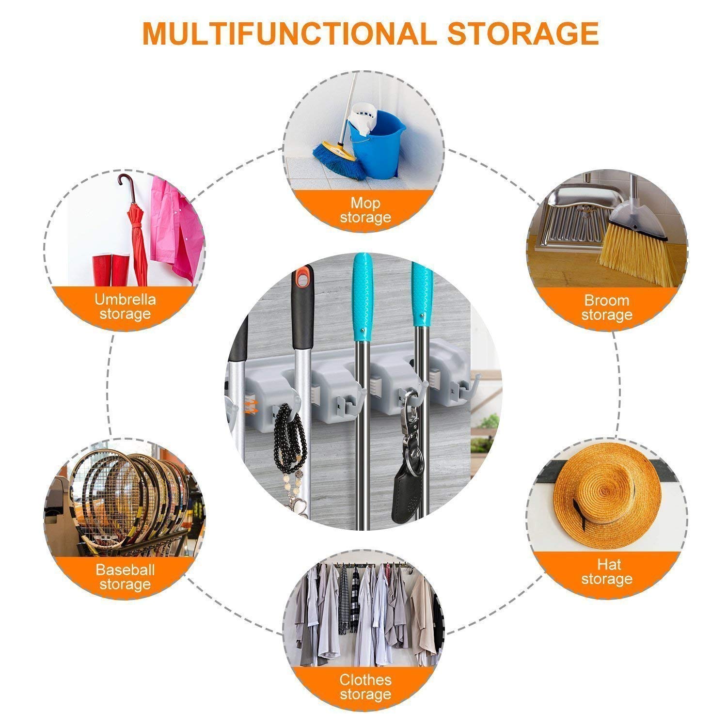 MSS ENTERPRISE Wall Mounted Mop and Broom Holder, Upgraded with Effective and Strong Holding Capacity with 5 Slots and 6 Hooks for Kitchen Garden and Garage Storage for up to 11 Tools. (Standard Size) 2