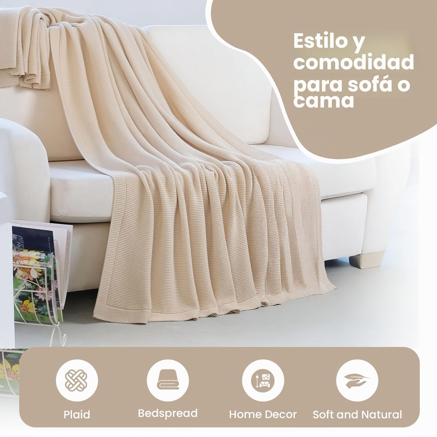 Dalisa Manta de punto 100% algodón, color beige natural, 130 x 150 cm, certificado GOTS, suave y acogedor, prelavado, lavable a máquina, en caja de regalo.