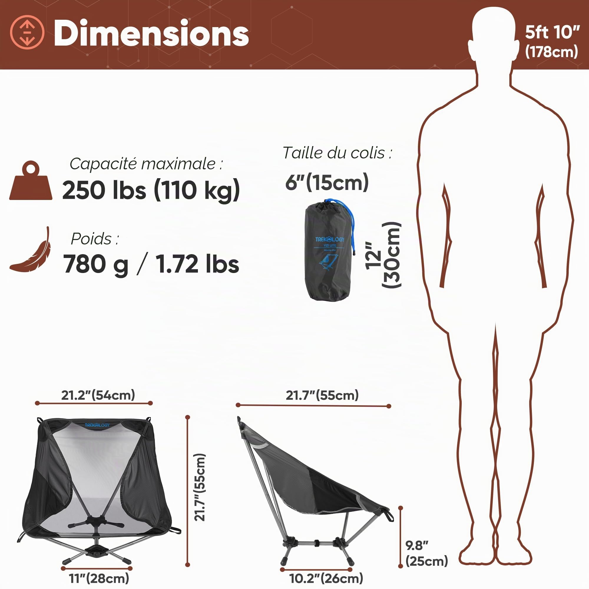 Chaise de Camping ultralégère TREKOLOGY Yizi Lite - Compacte, légère et Pliable, idéale pour Adultes en randonnée, Sac à Dos, Camping et Voyage.