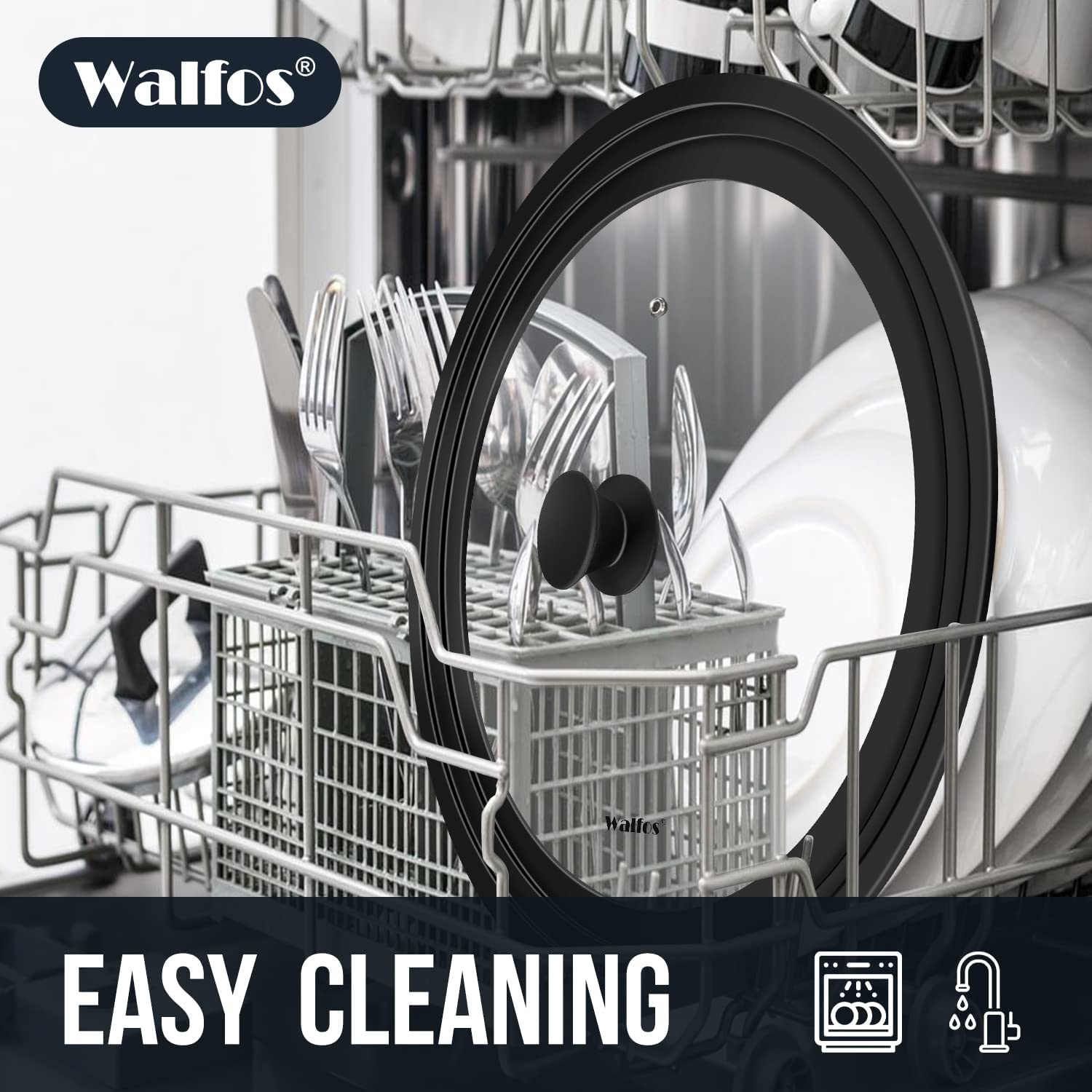 Walfos Tapa universal para ollas, sartenes y sartenes. Se adapta a utensilios de cocina de 33 cm, 36 cm y 38 cm de diámetro, tapa de vidrio con borde de silicona resistente al calor, (negro)